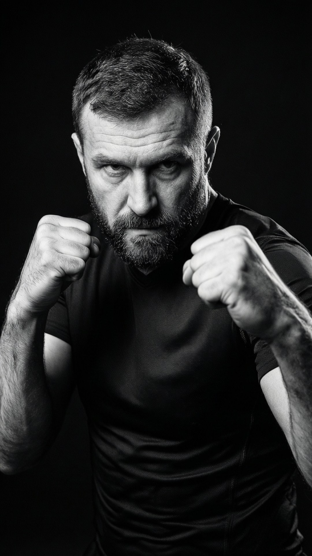 Fighting Stance 壁紙 — 一個留鬍鬚的男人穿著黑色襯衫，在深色背景下以拳頭舉起的戰鬥姿勢站立。
