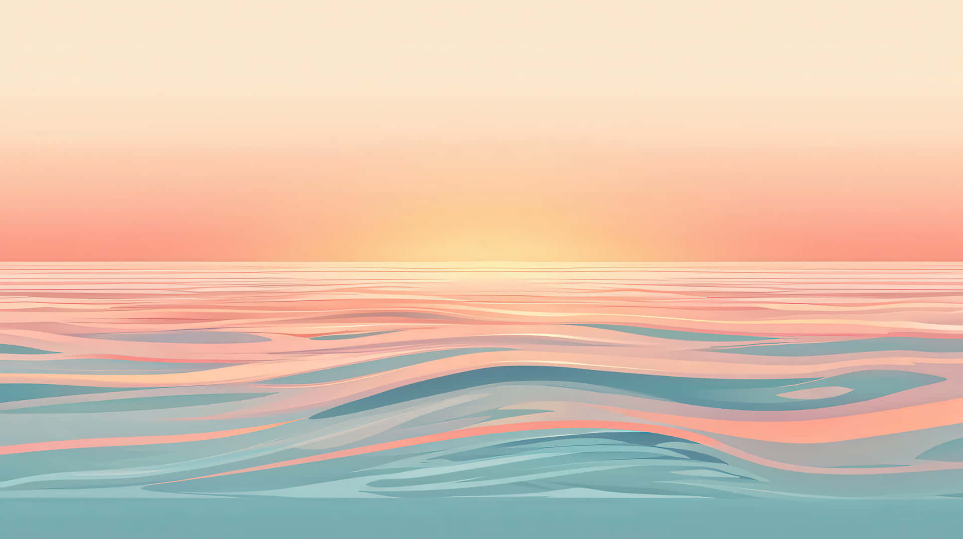 蜜桃粉紅同青綠色調嘅平靜海浪上粉彩日落