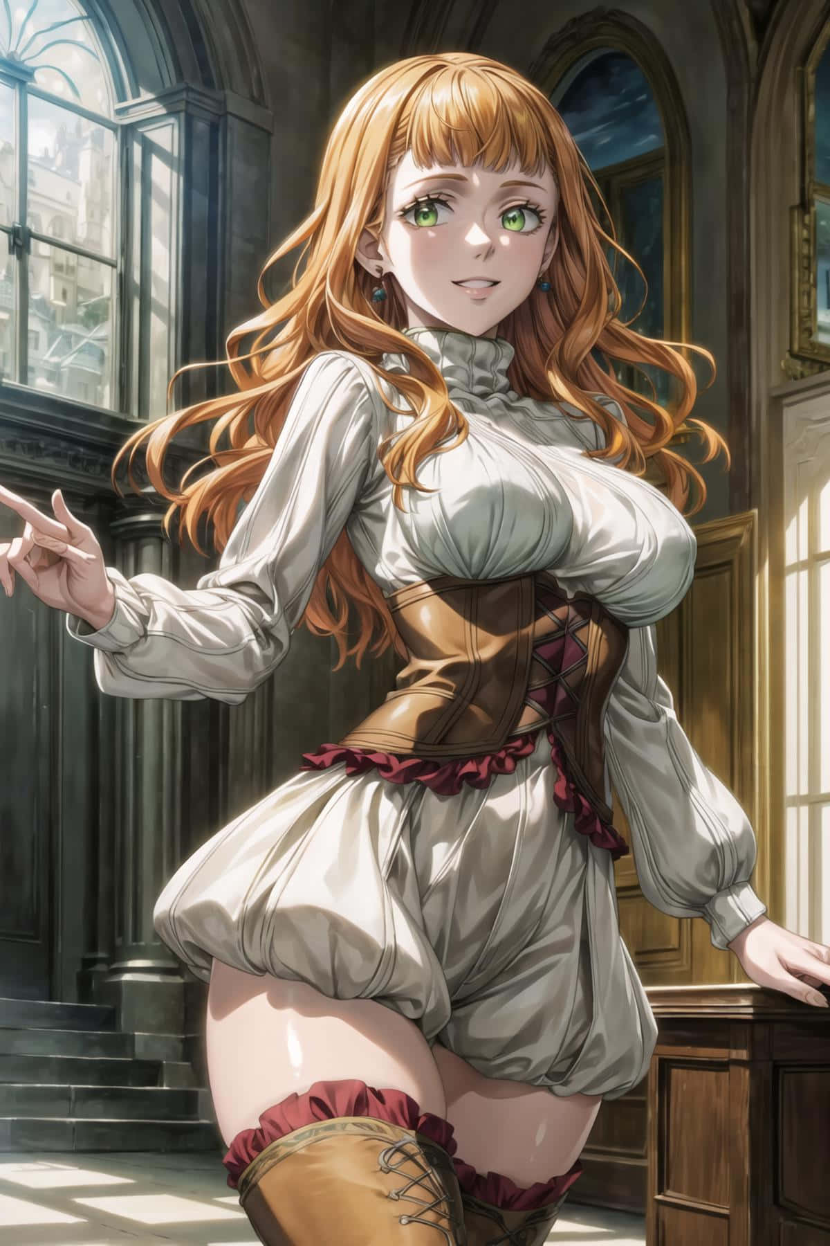  壁紙 — 一位美麗的動漫女孩，擁有長長的橙色頭髮和綠色眼睛，站在一個宏偉的陽光充足的房間裡，穿著白色襯衫和棕色緊身胸衣。
