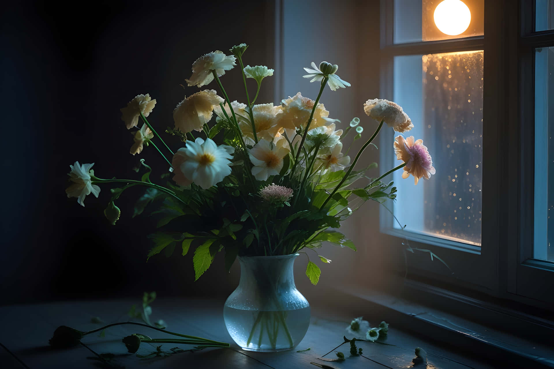 窗台上放著一個花瓶，裡面有白色和黃色的花朵，伴隨著雨滴和溫暖的光線。