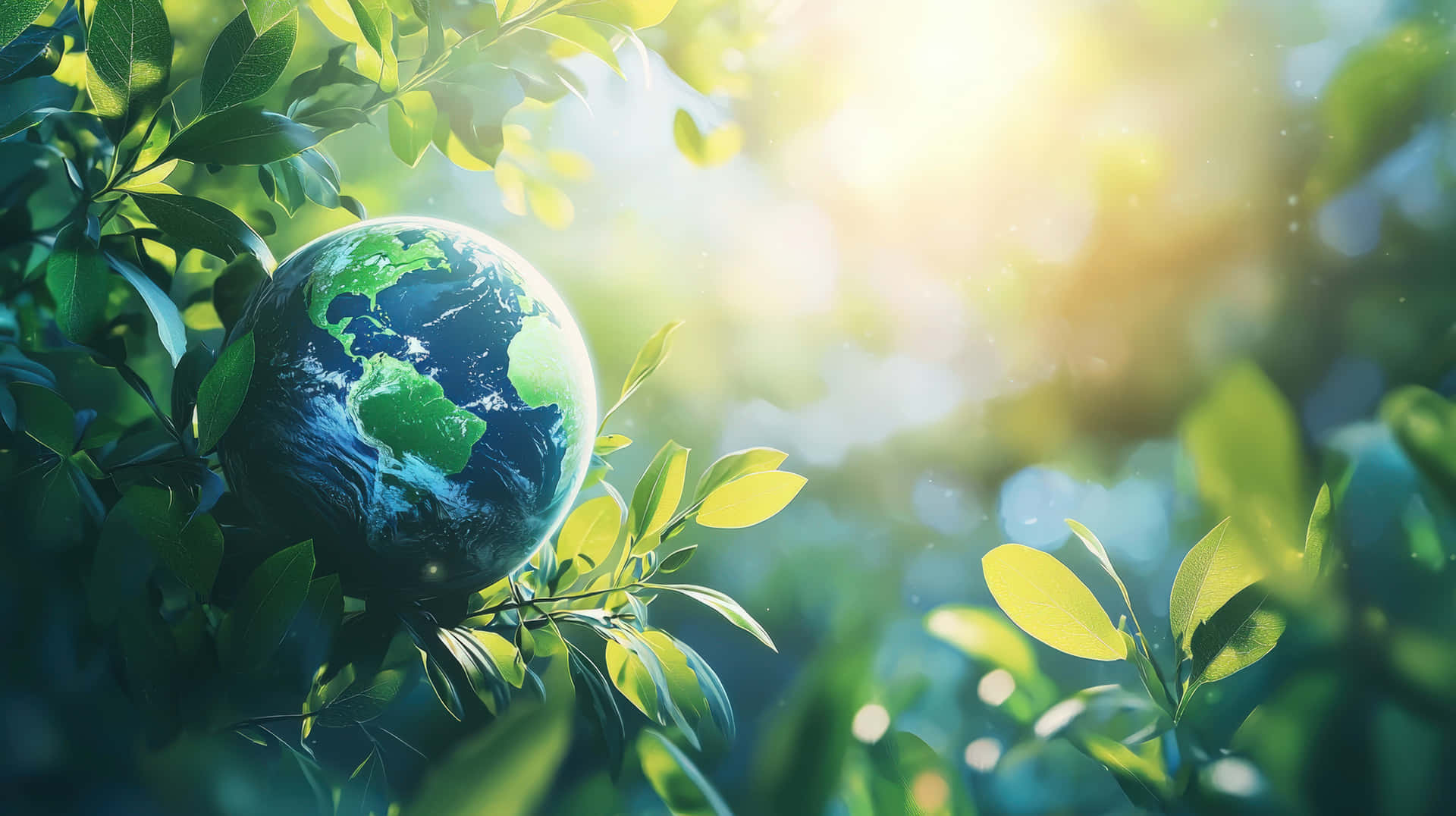 Earth globe surrounded by lush green leaves with sunlight shining through