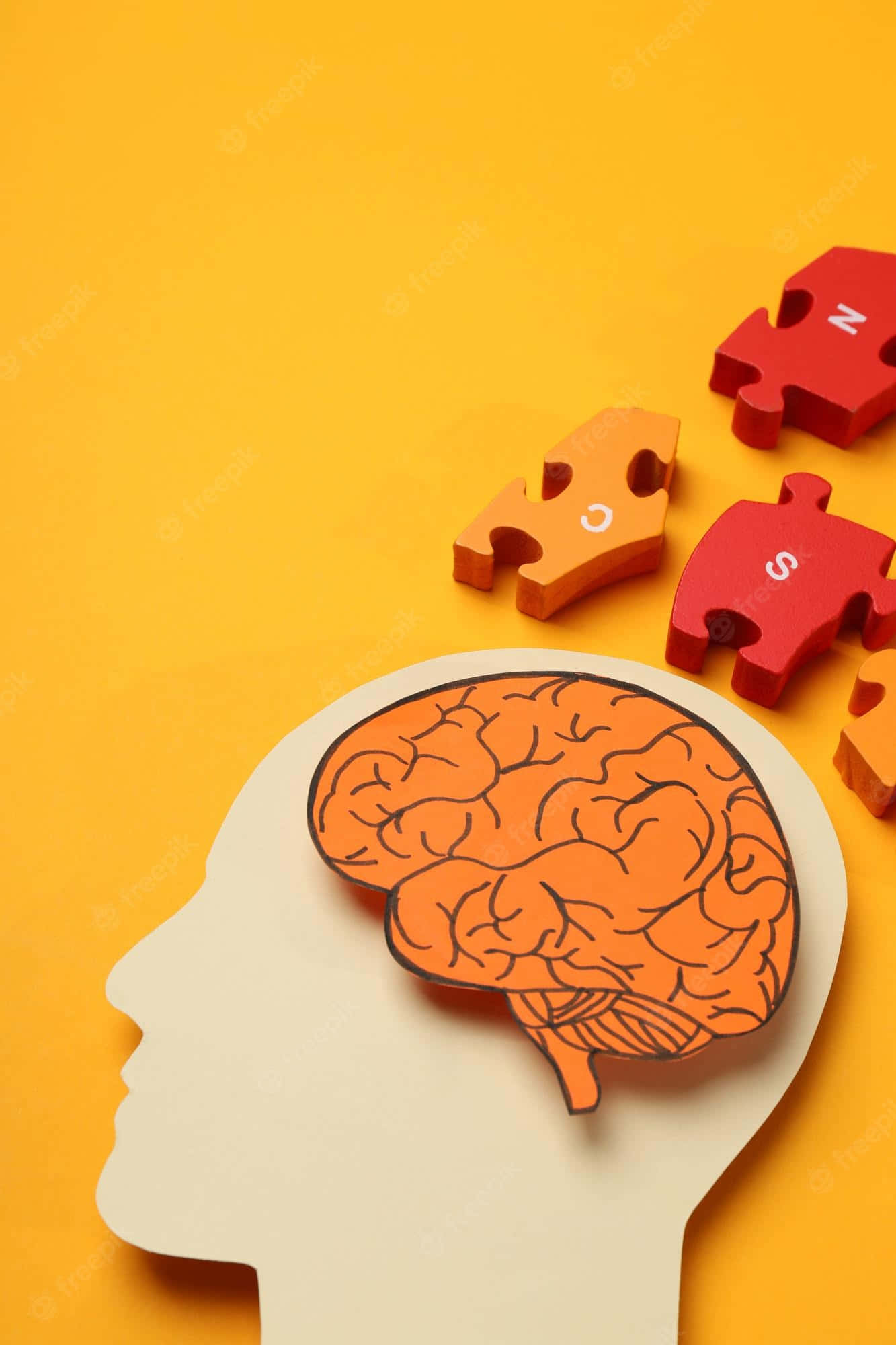 Psychology 桌布 壁紙 — 一個米色頭部剪影拿著一個橙色大腦拼圖塊，附近有紅色和橙色標有 C S N 的碎片漂浮在鮮黃色背景上。
