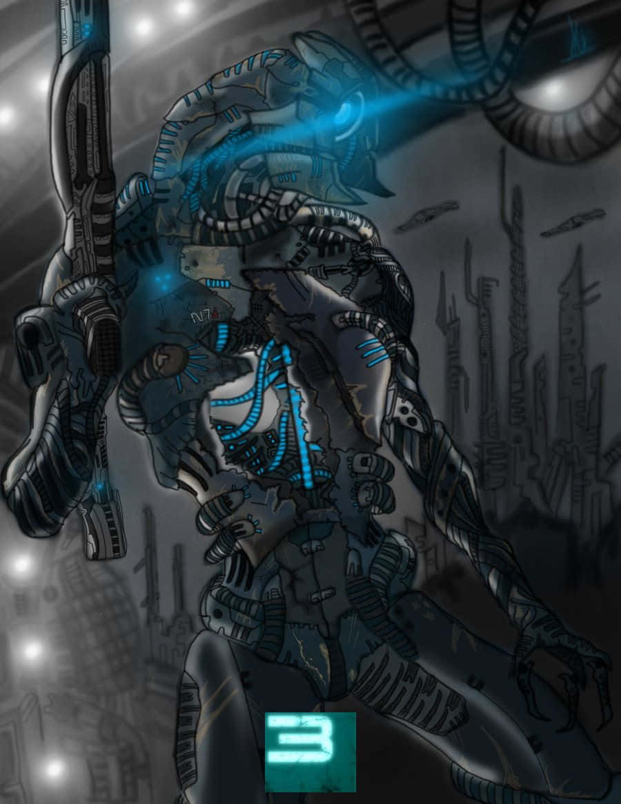 Mass Effect Legion 桌布 壁紙 — 一個擁有發光藍色電路和武器的生物機械外星戰士，站在黑暗的未來城市景觀中。