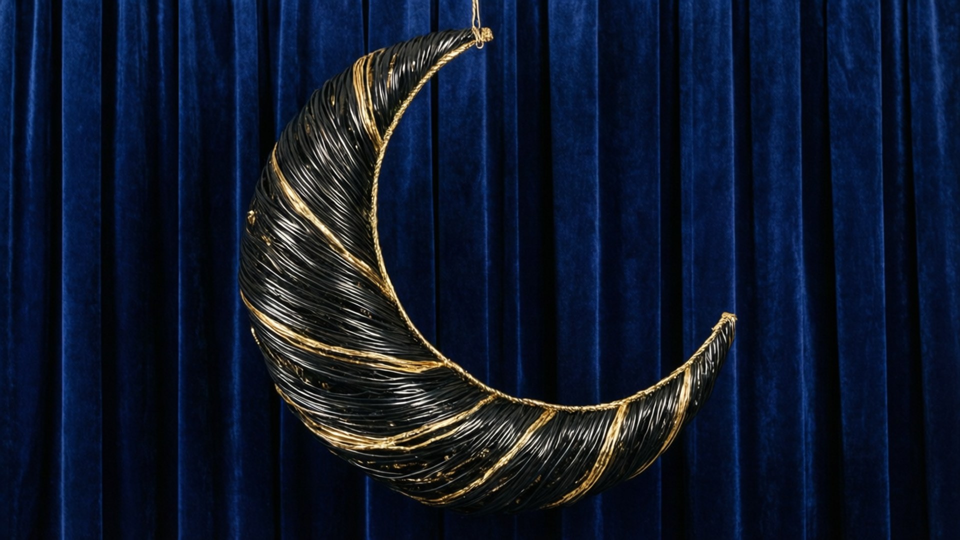 Moon Crescent Topper 壁紙 — 一個黑色和金色的新月雕塑掛在濃郁的藍色天鵝絨窗簾上。