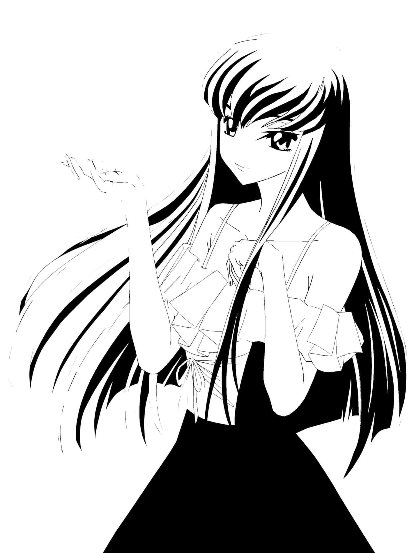  壁紙 — 一位黑白動畫女孩，長髮飄逸，身穿荷葉邊連衣裙，在素色背景前優雅地擺姿勢。