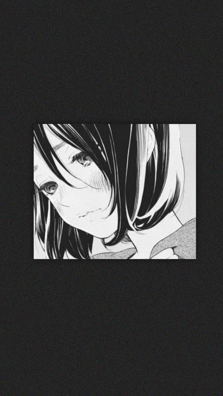 動畫長髮女孩在單色肖像中向下看。