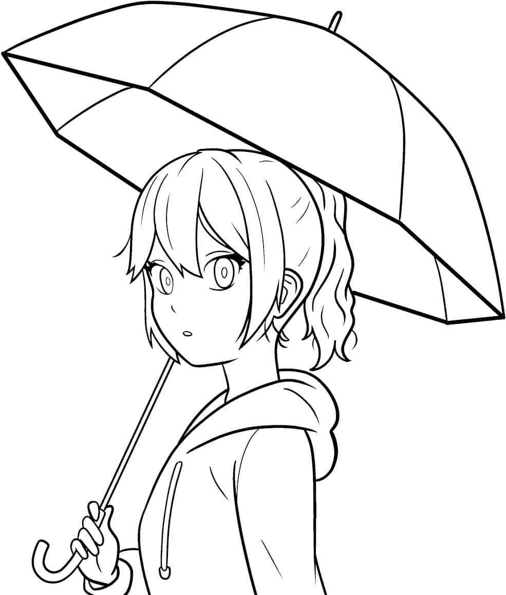  壁紙 — 一個黑白動漫短髮女孩，拿著打開的雨傘，回頭望向肩膀後方。