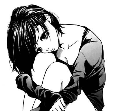 短髮動漫女孩在黑白素描中抱著膝蓋。