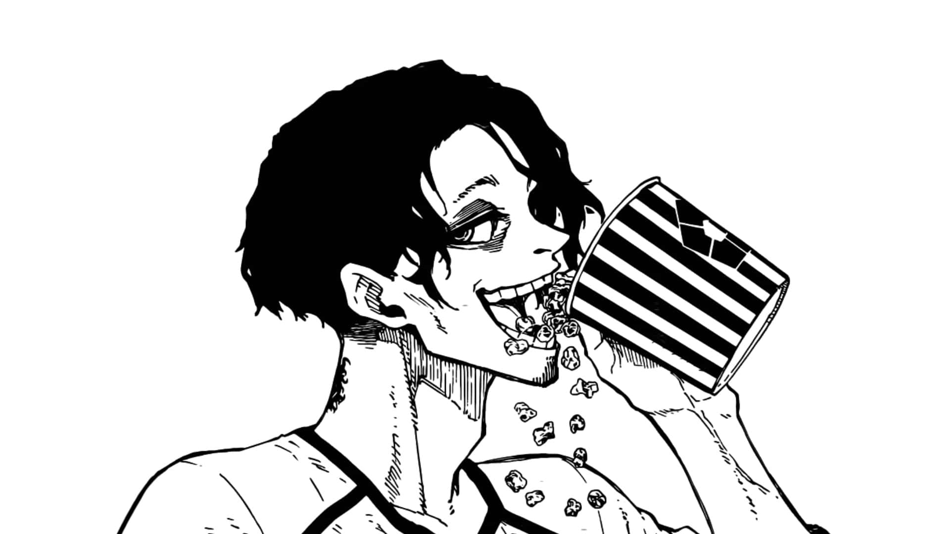  壁紙 — 黑白動畫風格插圖，描繪一個人愉快地從條紋桶中吃爆米花。