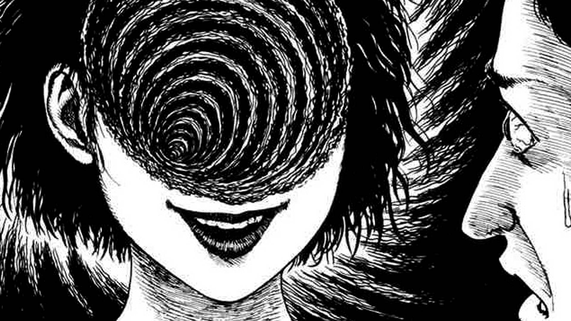 一位面部為旋轉漩渦的女性凝視著一位驚恐的男子。 — 暗黑動漫 壁紙