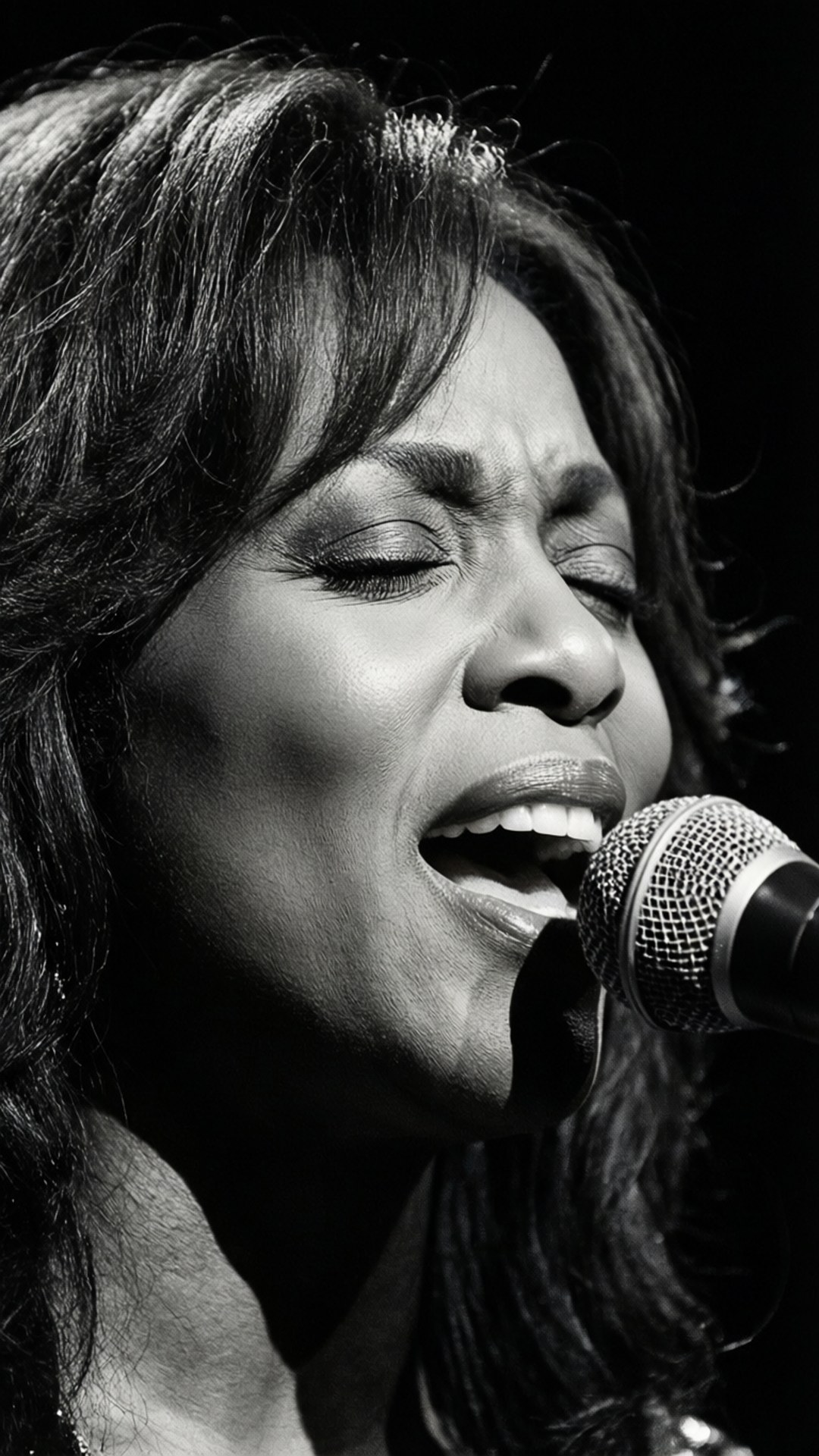 Whitney Houston 桌布 壁紙 — 一個黑白特寫鏡頭，捕捉一位女性閉著眼睛，充滿激情地對著麥克風唱歌。