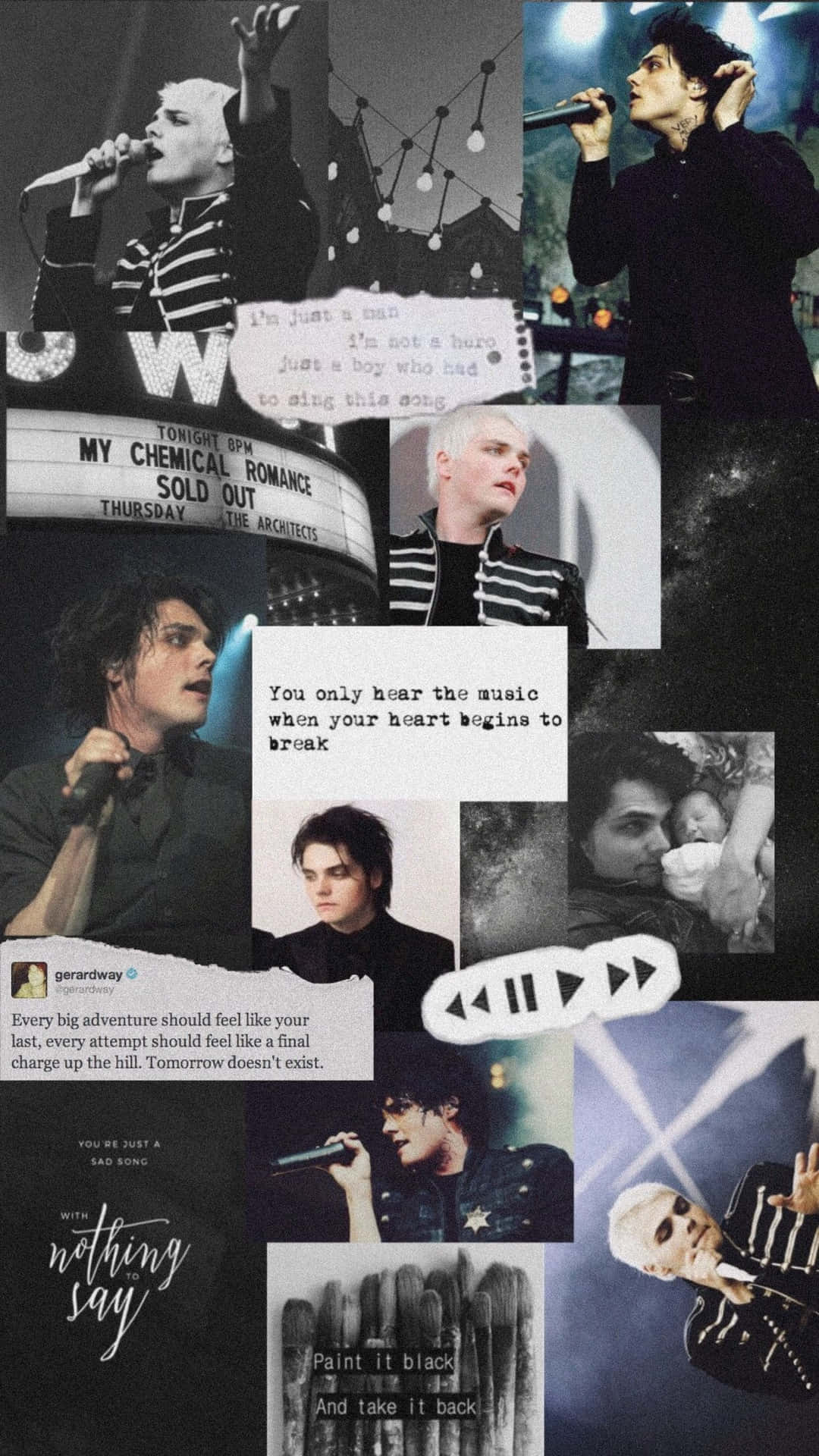 My Chemical Romance 樂隊拼貼畫，包含演唱會照片和歌詞語錄。