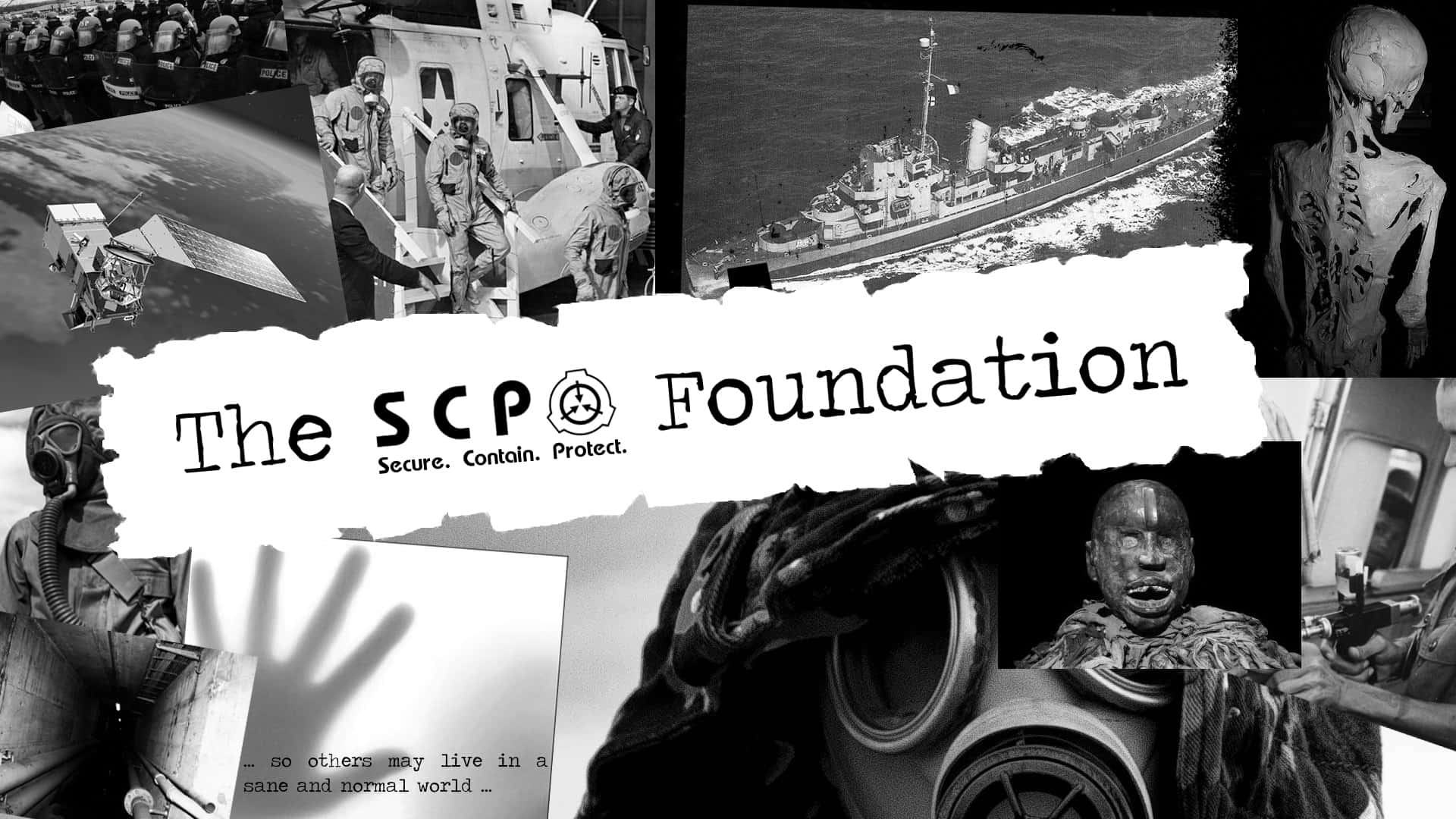SCP基金會異常現象和收容場景的黑白拼貼畫。