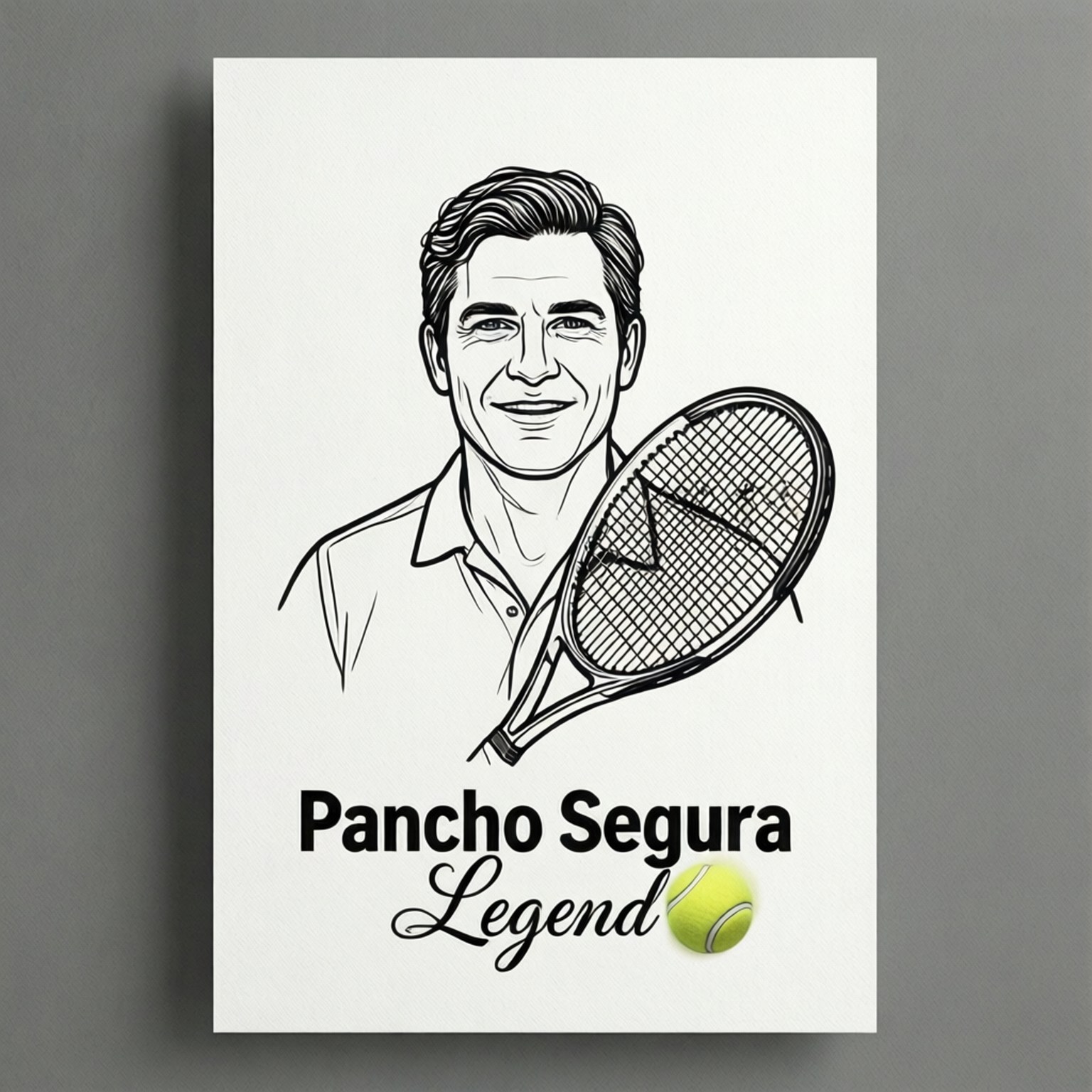 桌布 壁紙 — 網球傳奇人物 Pancho Segura 的黑白線條藝術肖像，手持球拍，旁邊有一個黃色球和他的名字。