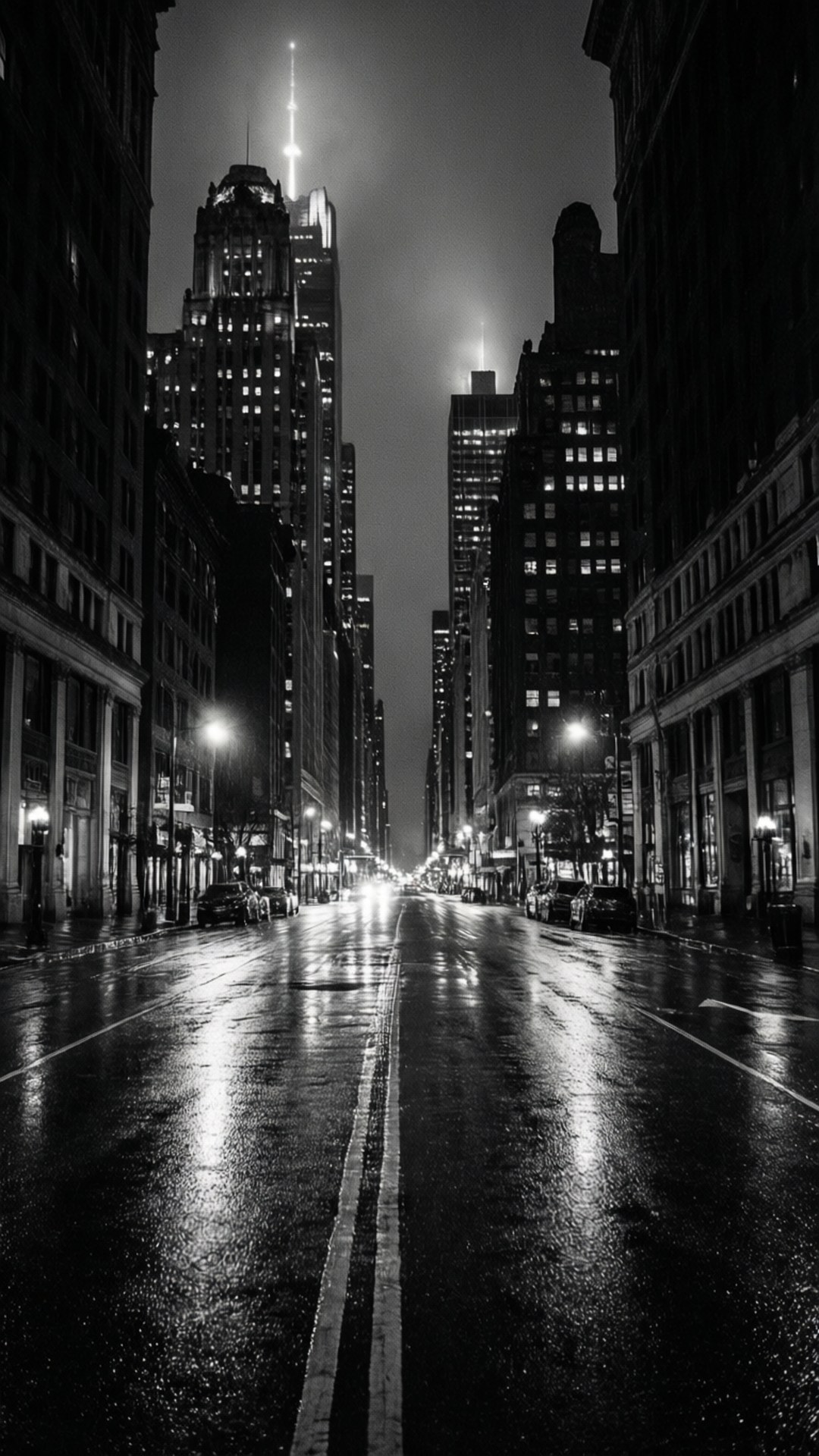 iPhone XS 桌布 壁紙 — 一條黑白夜景城市街道，濕漉漉的路面反射著街燈和聳立的高樓大廈。