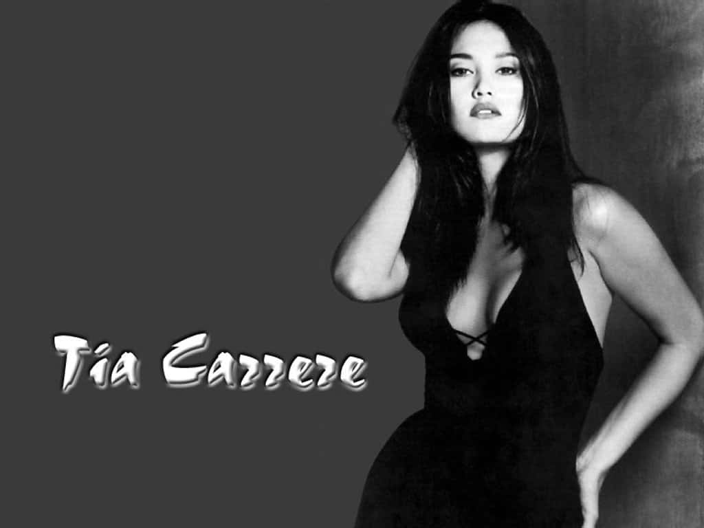  壁紙 — Tia Carrere 嘅黑白肖像，佢自信咁擺姿勢，著住一條深色連身裙，背景係純灰色。