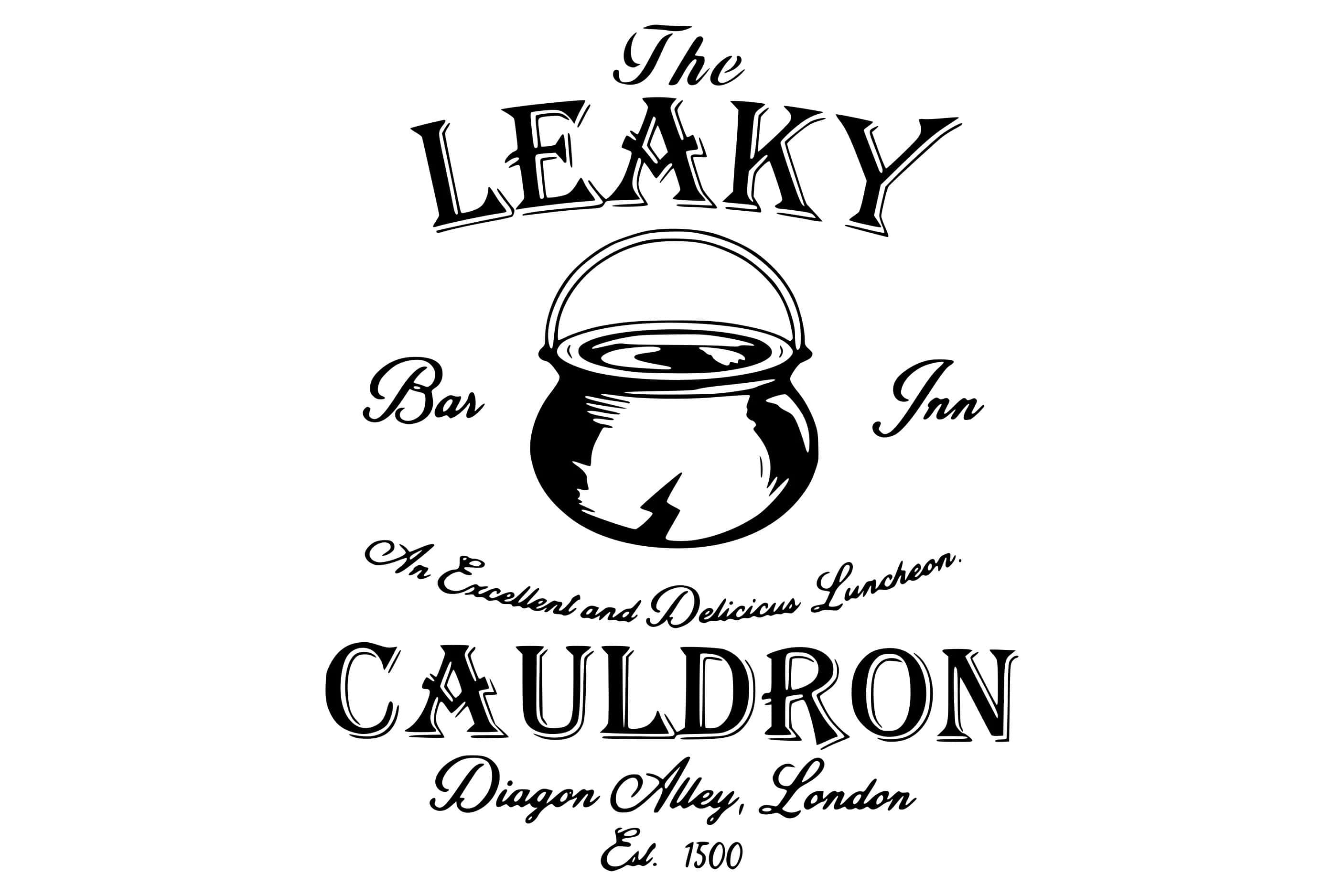 The Leaky Cauldron 桌布 壁紙 — The Leaky Cauldron Bar Inn 的黑白復古標誌，特色是破裂的大鍋和優雅的草書字體。