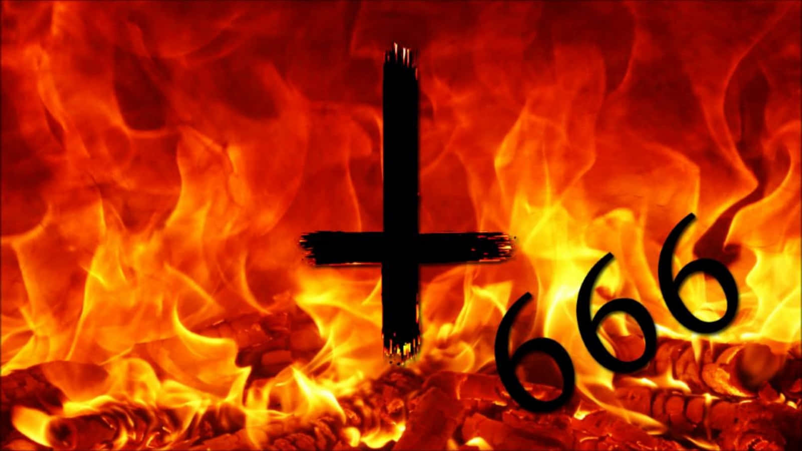 猛烈火焰中的黑色十字架和數字666。