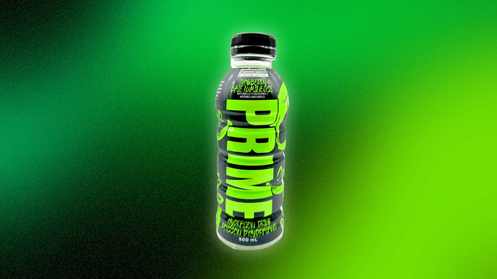  壁紙 — 一個帶有螢光綠色品牌的黑色能量飲料瓶漂浮在充滿活力的漸變綠色背景上。