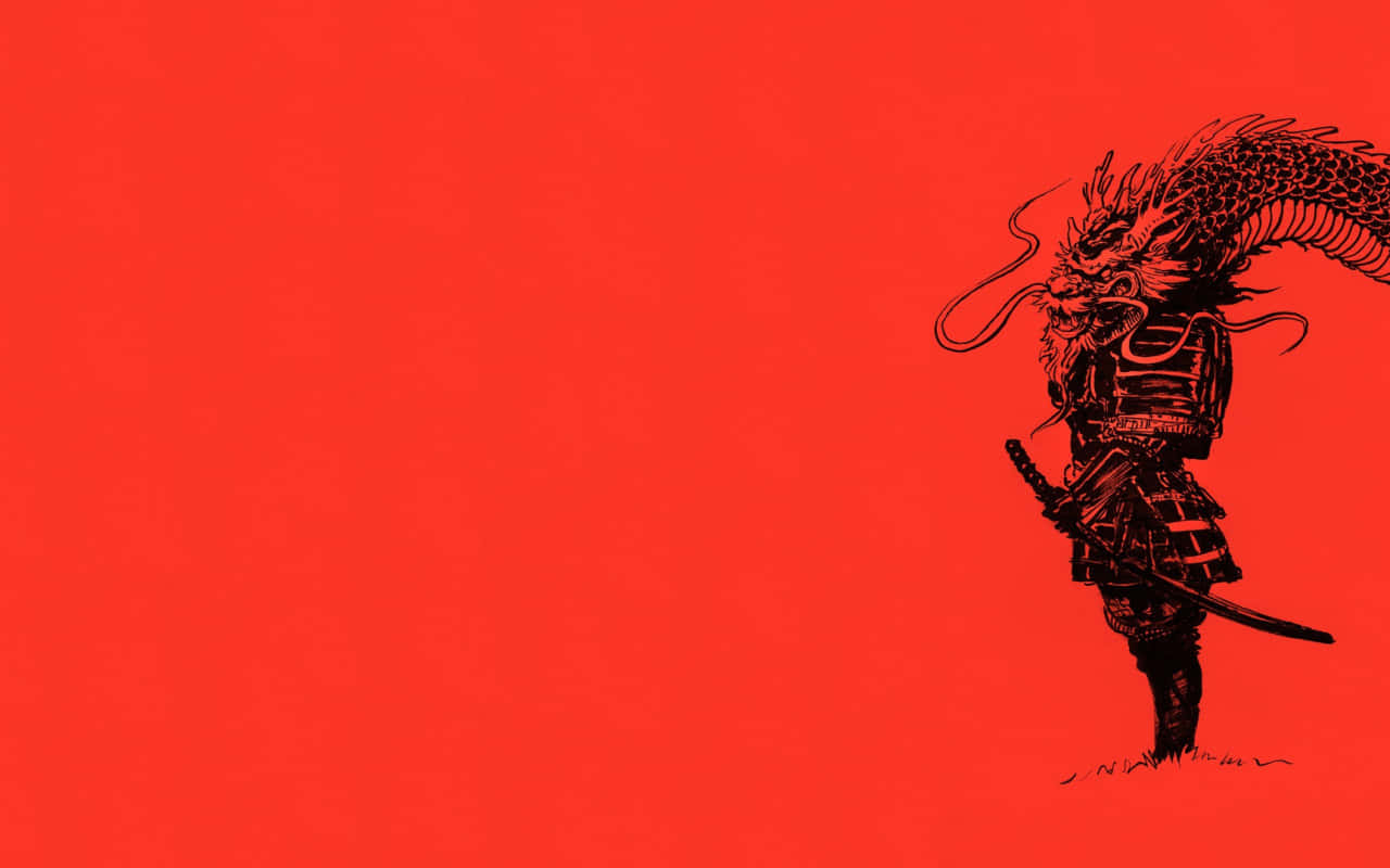  壁紙 — 一幅黑色墨水插圖，描繪一位戴著龍頭頭盔的武士戰士，在鮮紅色背景前蓄勢待發。