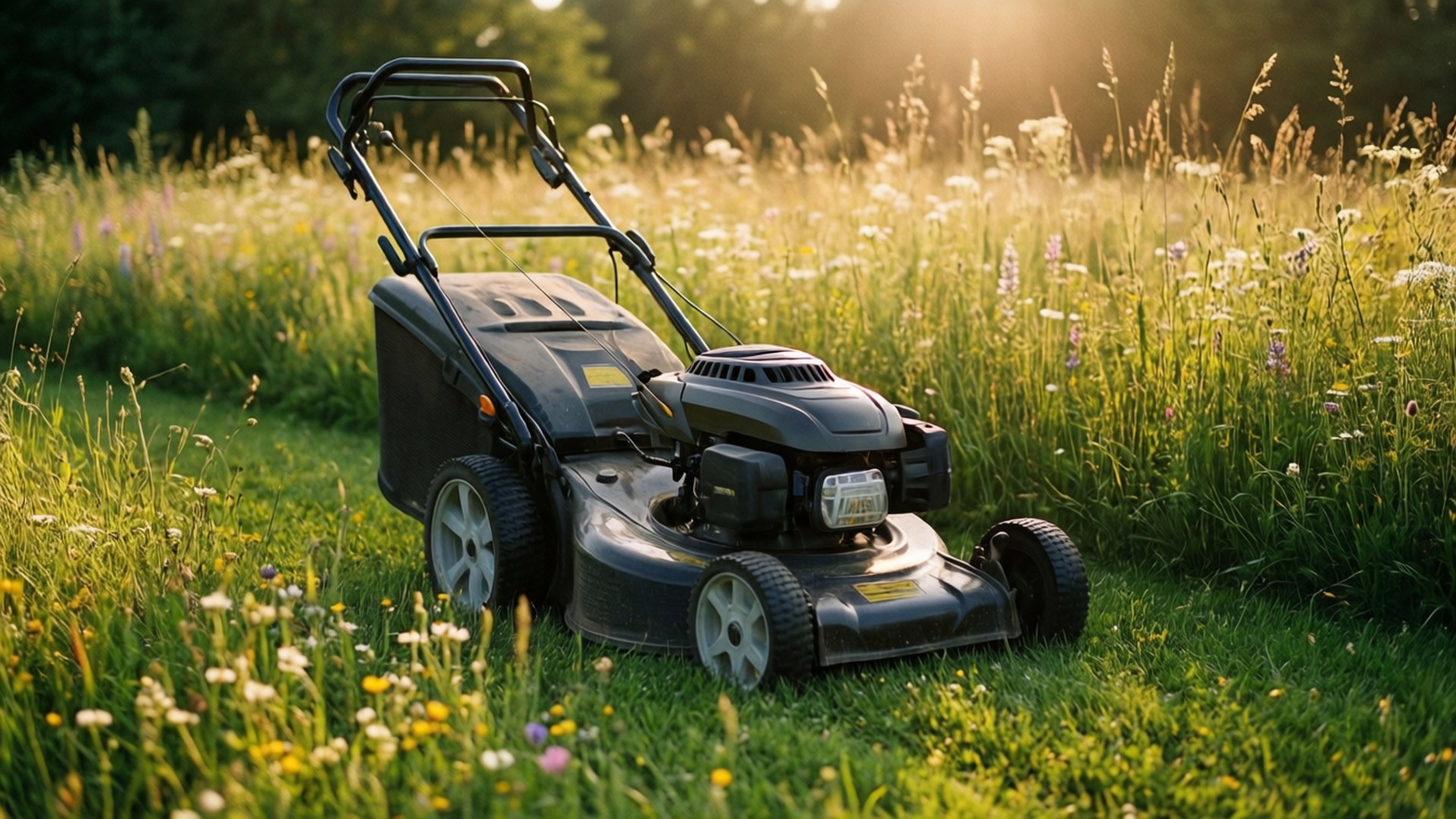 lawn mower 桌布 壁紙 — 一部黑色割草機在陽光明媚的草地上，周圍是高草和野花，正值黃金時刻。