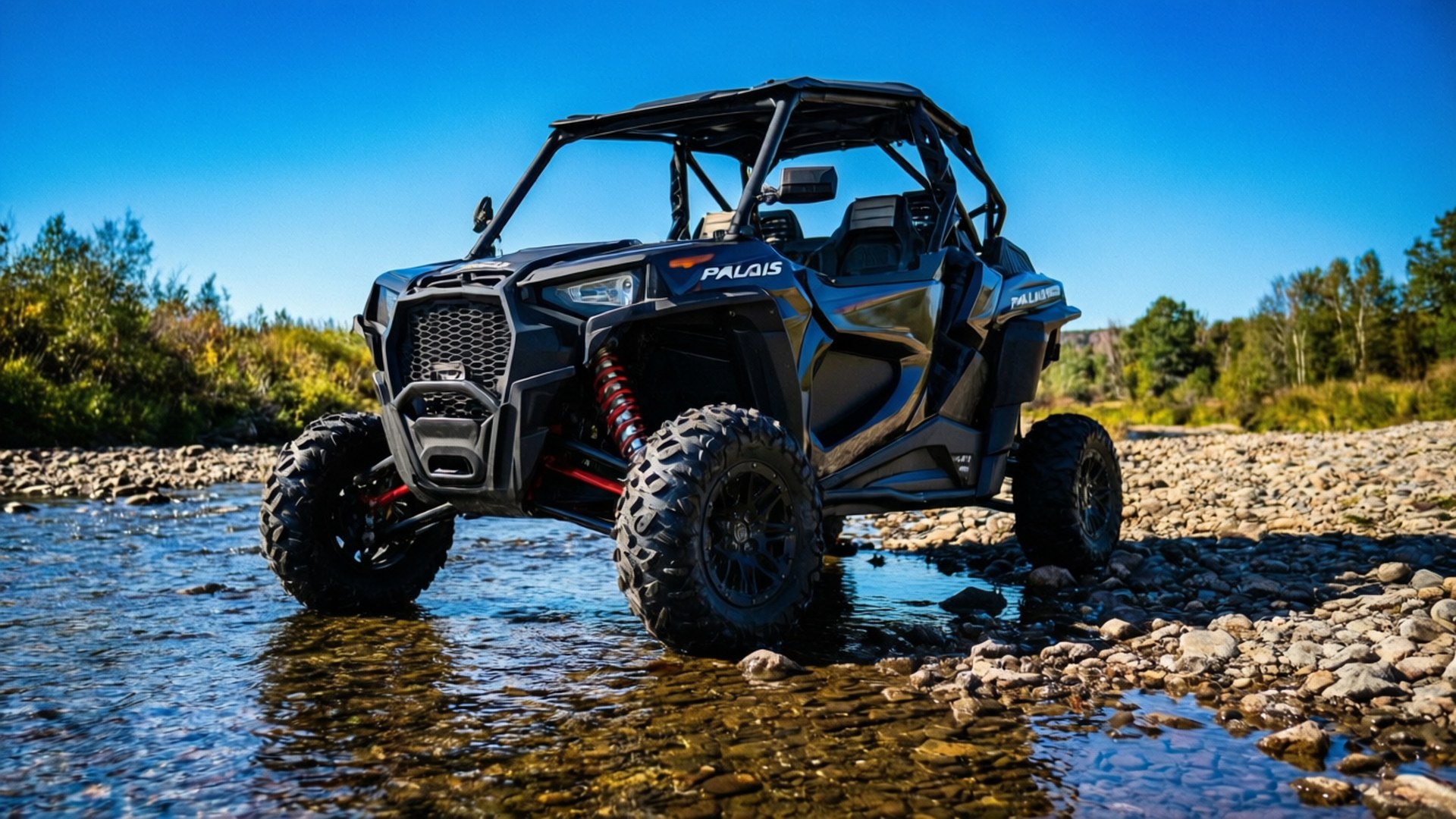 Polaris Rzr 桌布 壁紙 — 一輛黑色Polaris越野車配備紅色懸掛，在清澈藍天下涉水穿過淺石溪流。