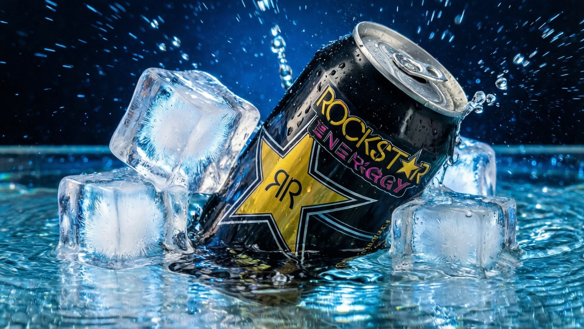 Rockstar Energy罐浸入水中，冰塊濺起水花。