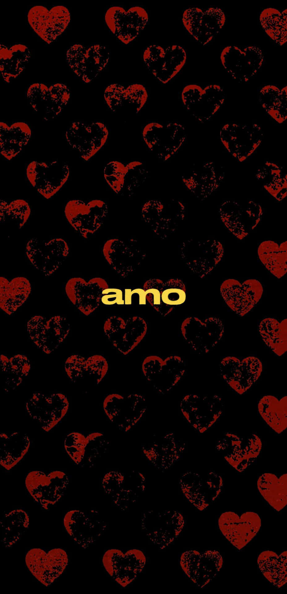  壁紙 — 黑色牆紙，帶有磨損的紅色心形和居中黃色「amo」文字。