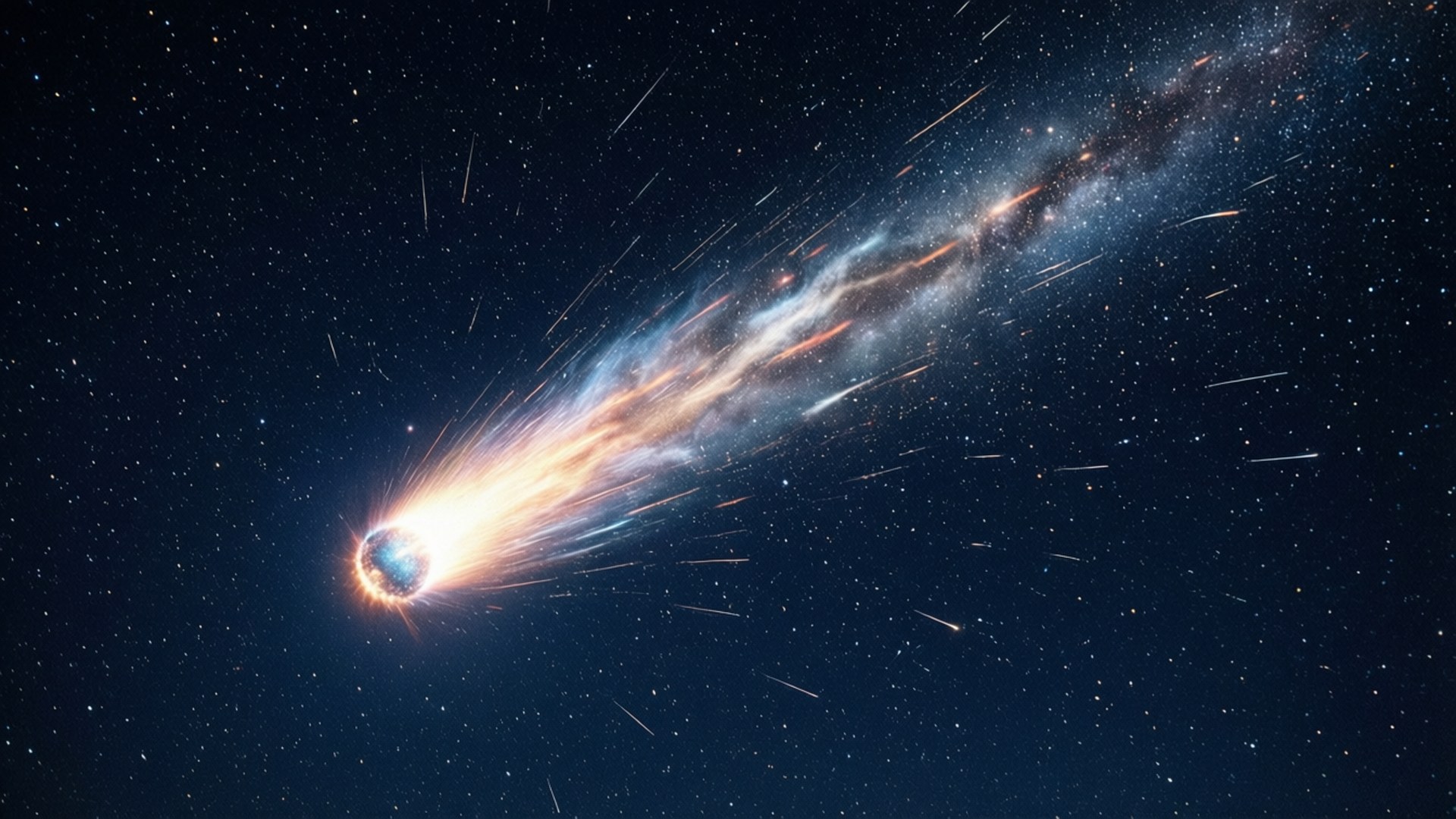 一顆明亮的彗星帶著火焰般的尾巴劃過滿是星星的夜空。