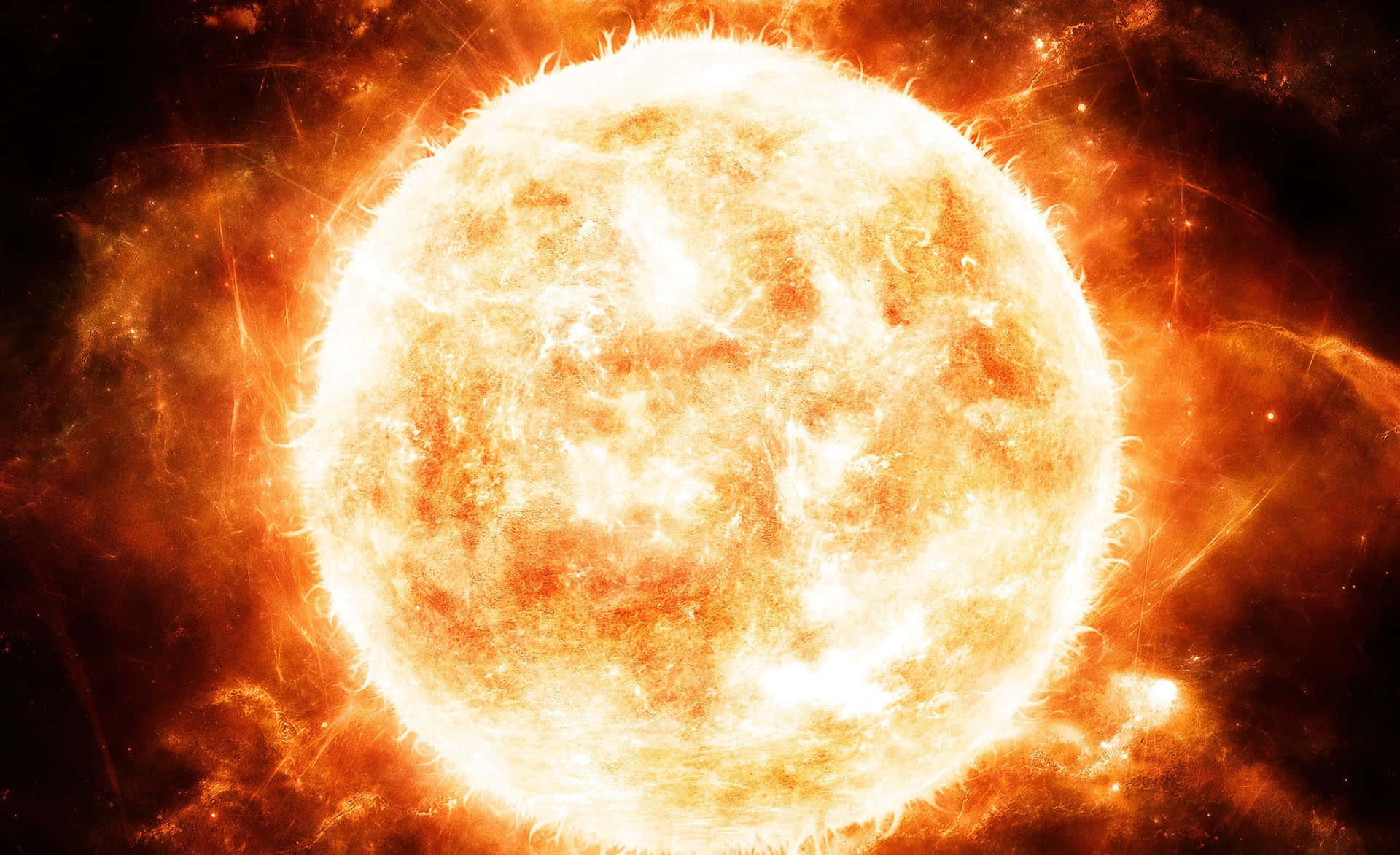 一顆明亮的熾熱太陽，帶有太陽耀斑，在黑暗的太空背景下。
