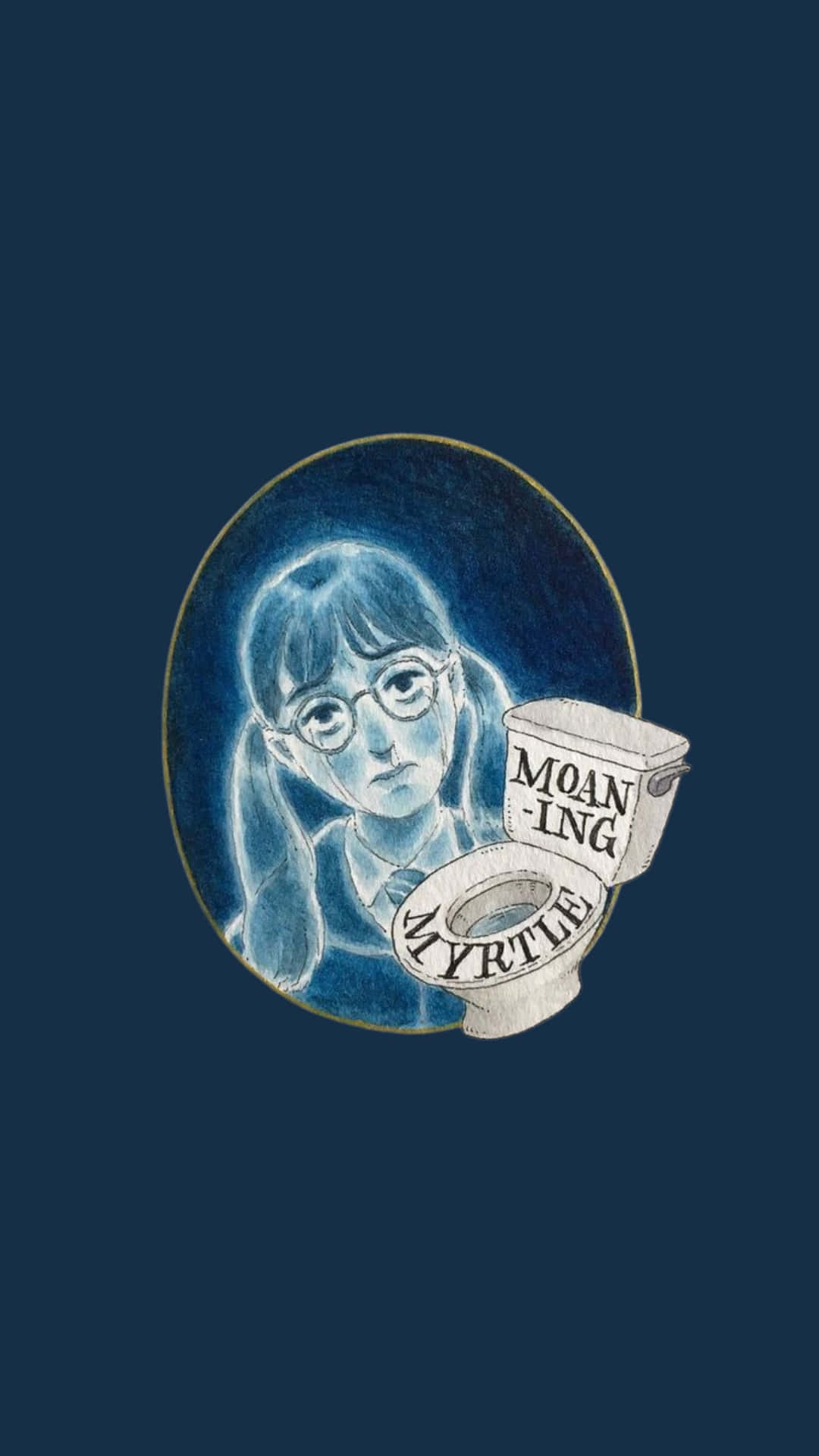 壁紙 — 一幅藍色調插圖，描繪了幽靈梅朵（Myrtle）和一個標有「MOANING MYRTLE」的馬桶，置於深色橢圓畫框中。