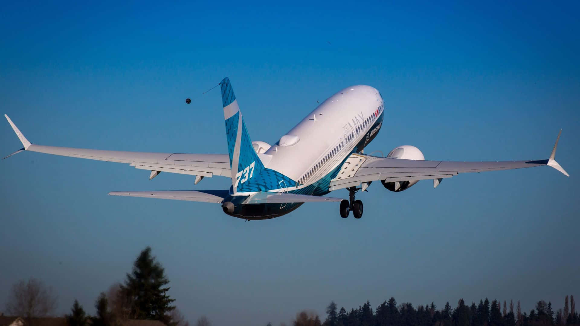  壁紙 — 一架藍白塗裝的波音737飛機在晴朗的藍天下攀升，下方可見樹木。