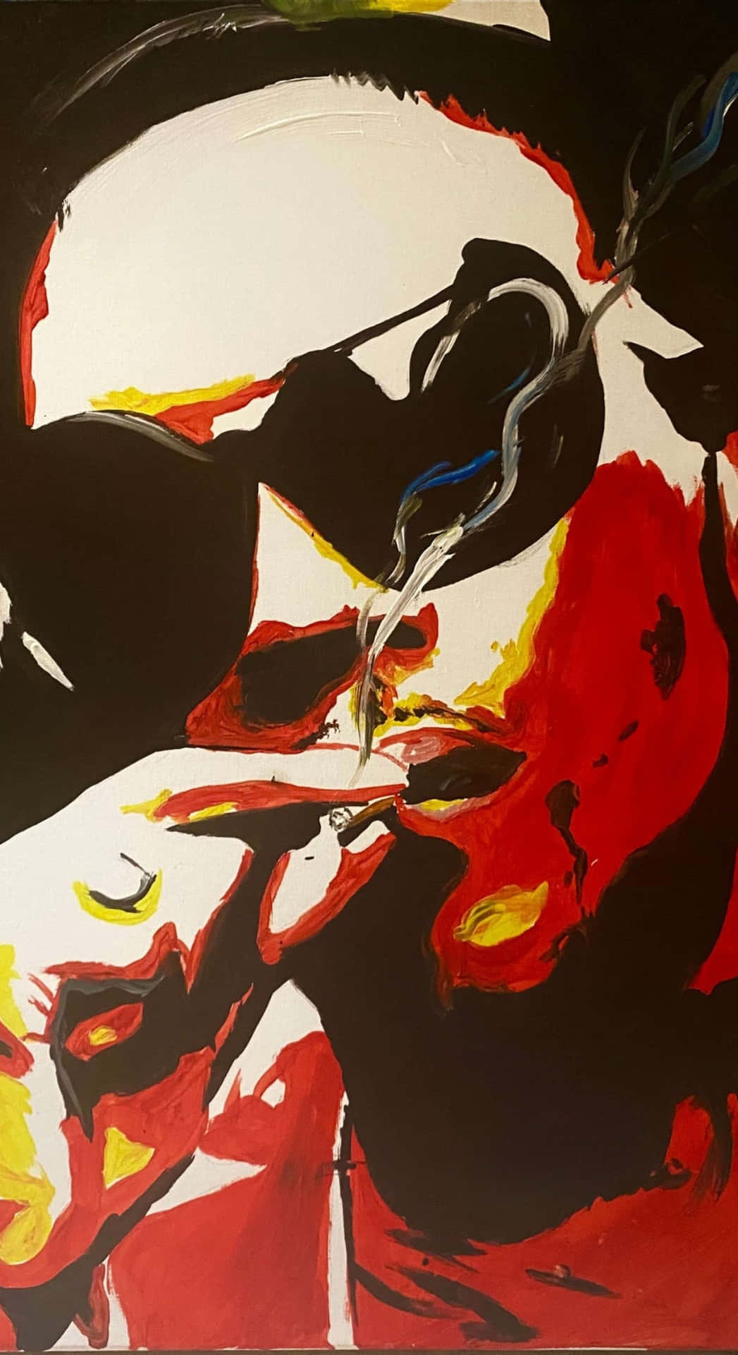  壁紙 — 一幅大膽的抽象畫，描繪側面臉孔，帶有紅色、黃色和黑色的筆觸以及香煙煙霧痕跡。