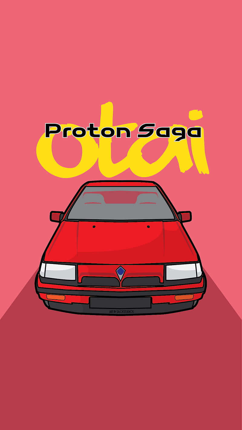  壁紙 — 一幅大膽的紅色Proton Saga汽車插圖，帶有黃色風格化文字，背景為漸變粉紅色。