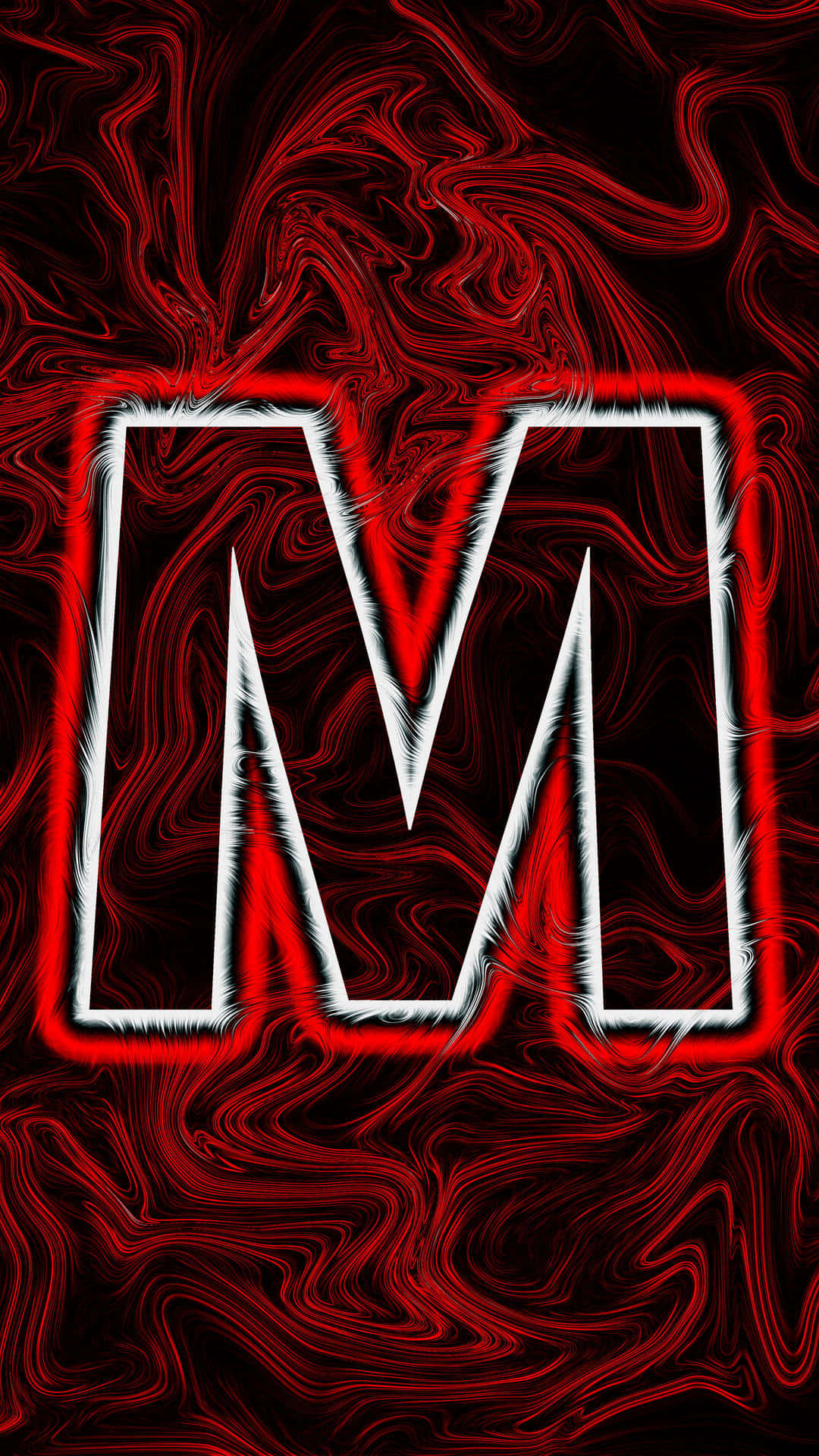 m 桌布 壁紙 — 一個大膽的白色字母 M，邊緣呈鋸齒狀，在旋轉的紅色和黑色抽象背景上發光。