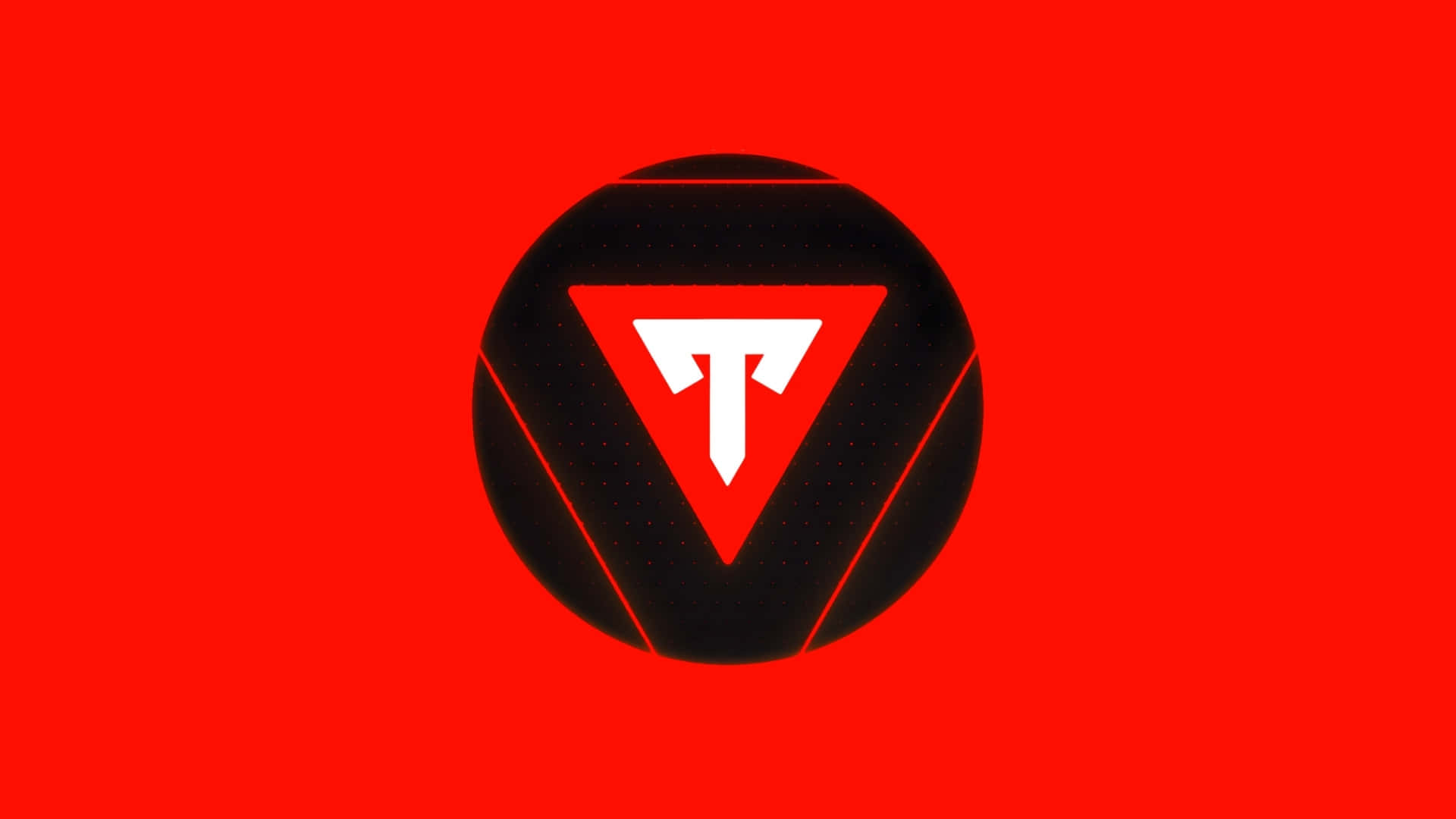  壁紙 — 一個粗體白色「T」位於紅色三角形內，該三角形位於黑色球體內，並居中於鮮豔的紅色背景上。