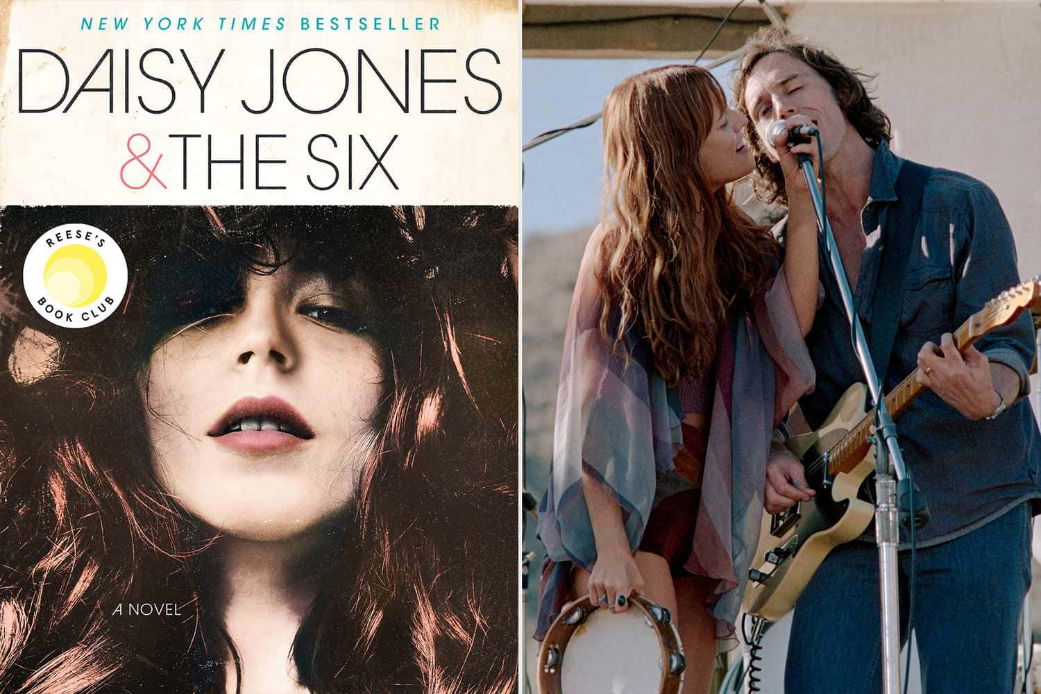  壁紙 — Daisy Jones & The Six 的書封面旁邊有一張照片，顯示一名女子親吻一名手持鈴鼓對著咪高峰唱歌的男子。