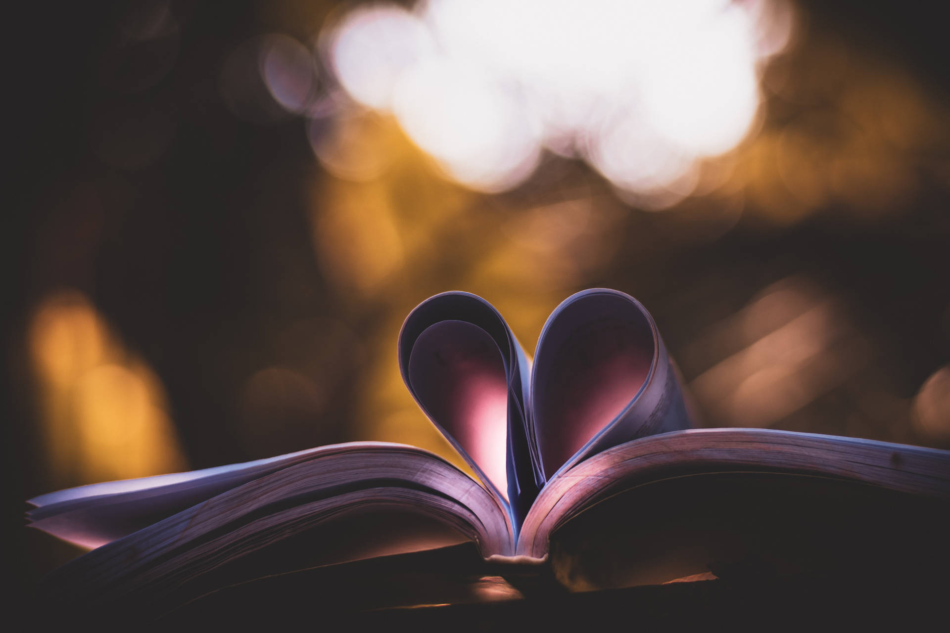 一本心形的書，背景有金色燈光。