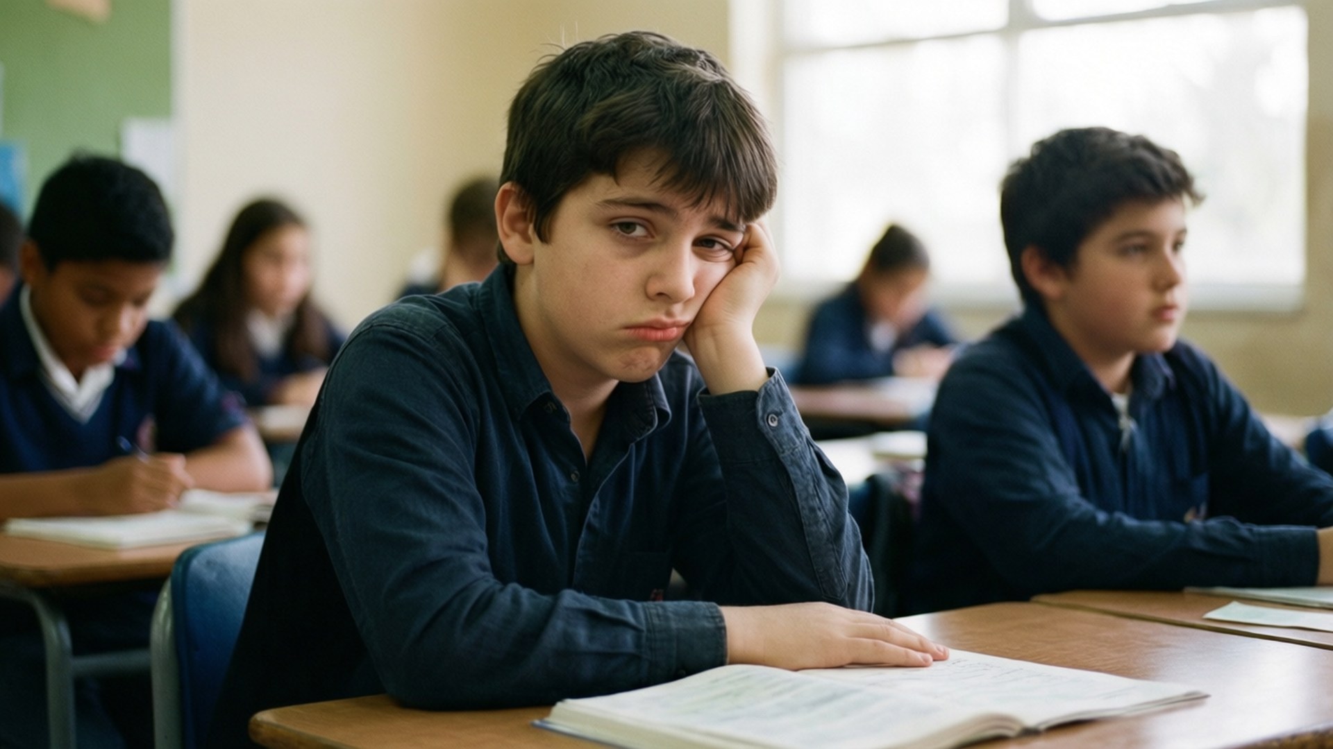 青少年學生喺課室同其他學生一齊睇起嚟好無聊。