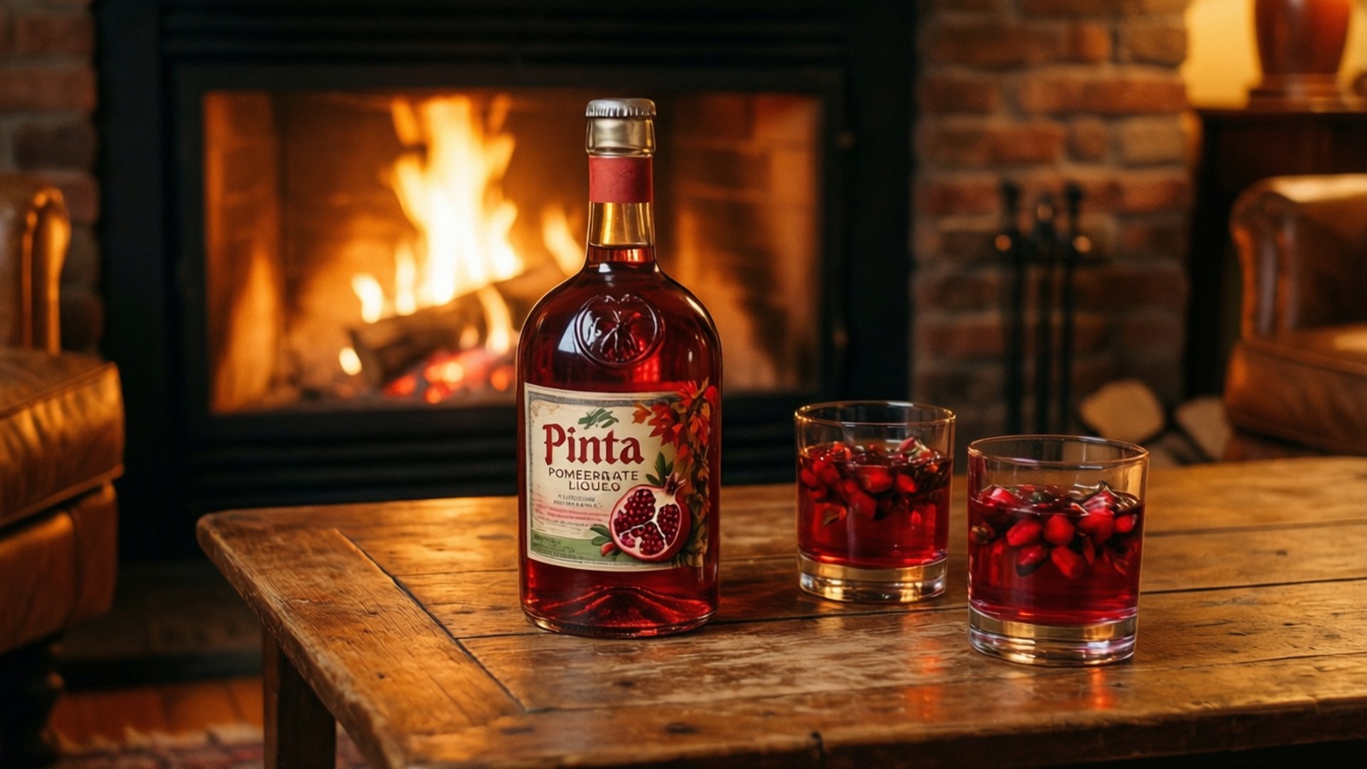 Fireside Evening 壁紙 — 一瓶Pinta石榴利口酒和兩杯盛滿該酒的酒杯，放在一個噼啪作響的壁爐前的鄉村風格木桌上。