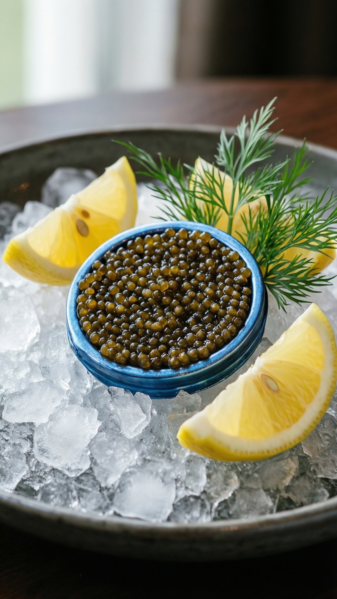 Chilled Caviar Platter 壁紙 — 一碗閃閃發光的黑魚子醬放在碎冰上，飾以檸檬角和新鮮蒔蘿，盛在質樸的金屬盤中。