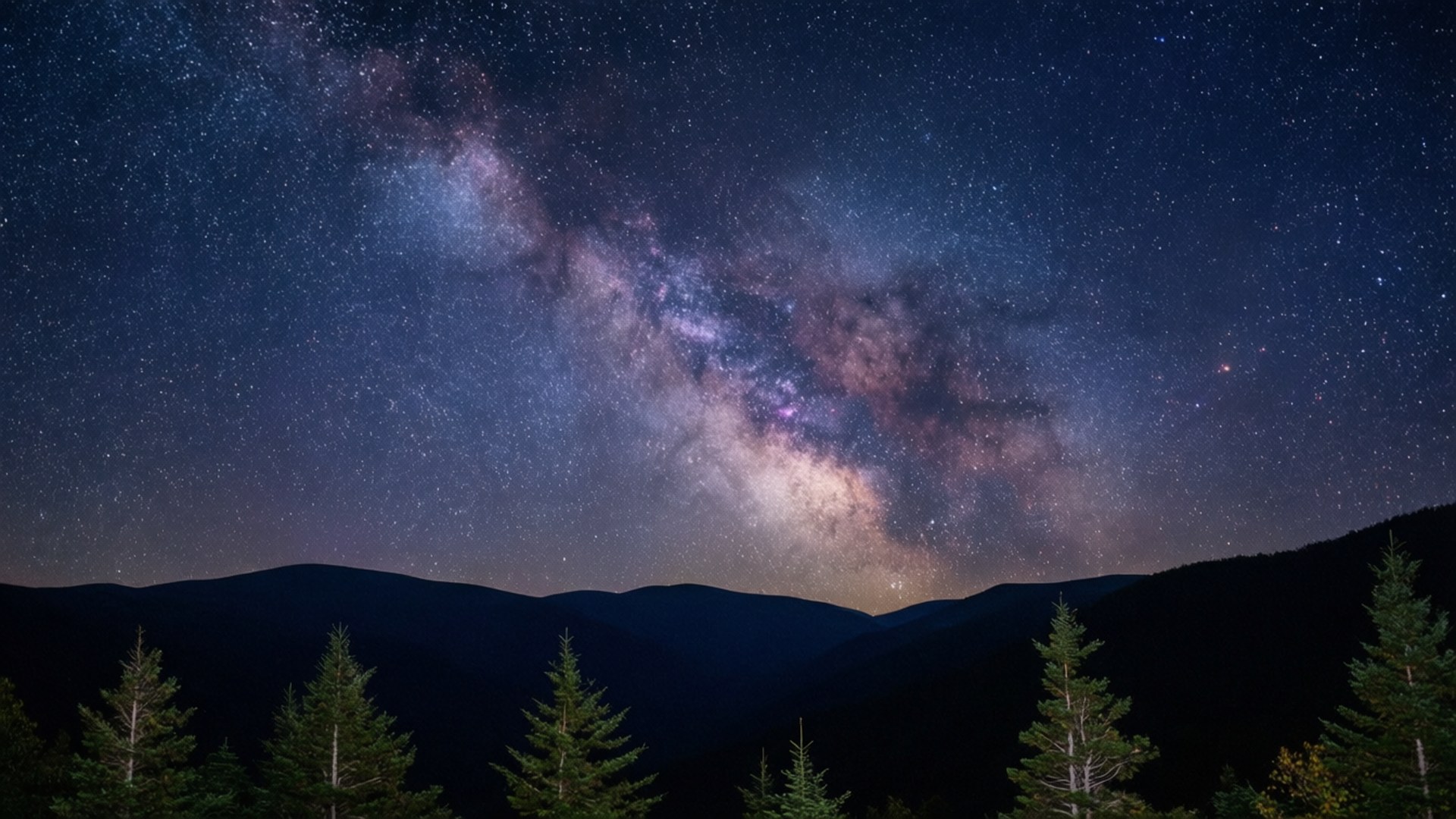 桌布 壁紙 — 令人驚嘆的夜空充滿星星，銀河在黑暗的山脈和松樹剪影上拱起。