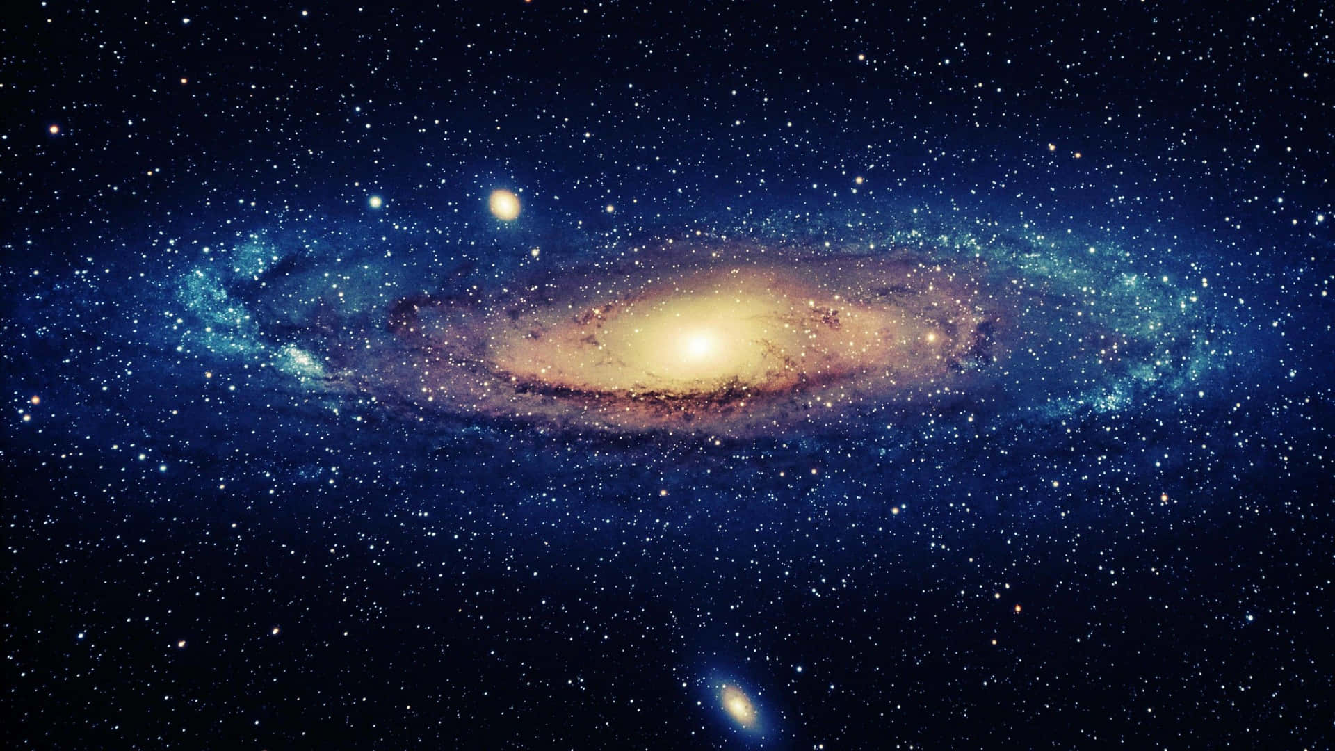 螺旋星系，帶有發光的核心和藍色旋臂，被星星環繞。