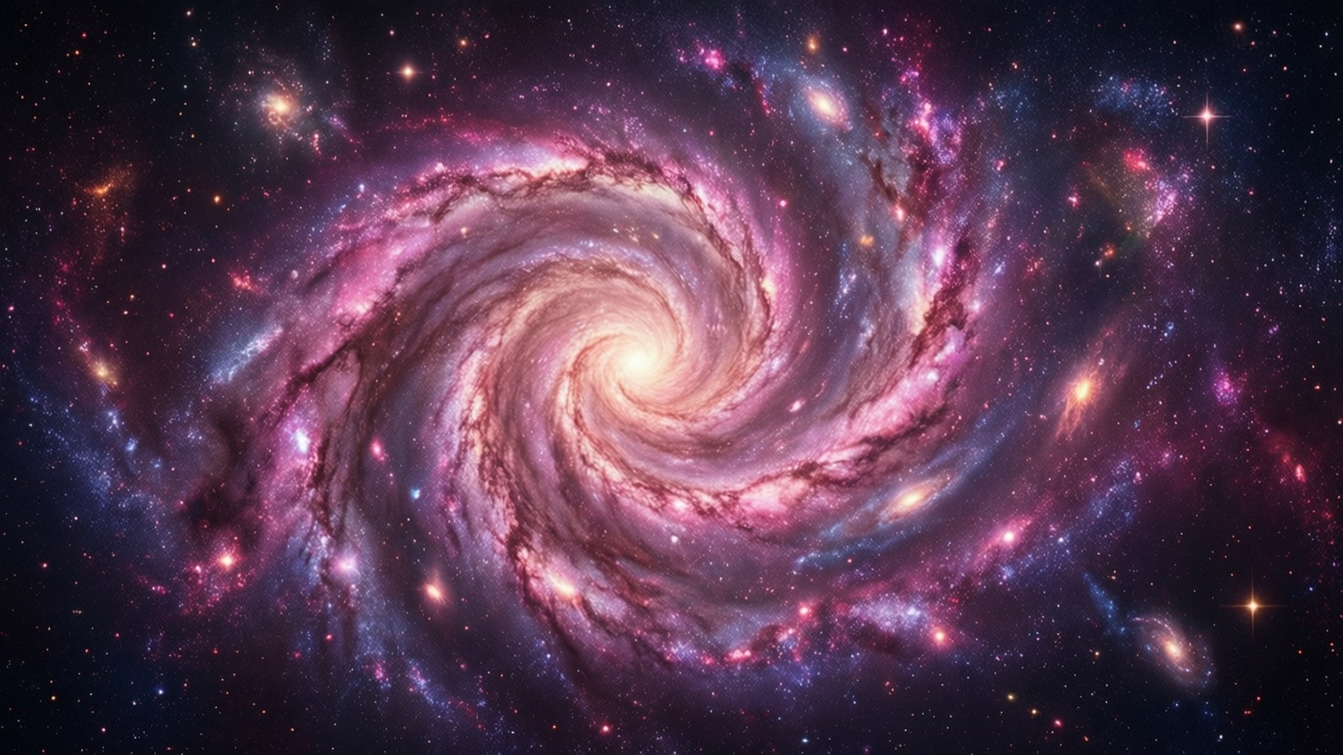 Spiral Wonder 壁紙 — 一個令人嘆為觀止的螺旋星系，在繁星點點的宇宙背景下，旋轉著充滿活力的粉紅色、紫色和藍色色調。
