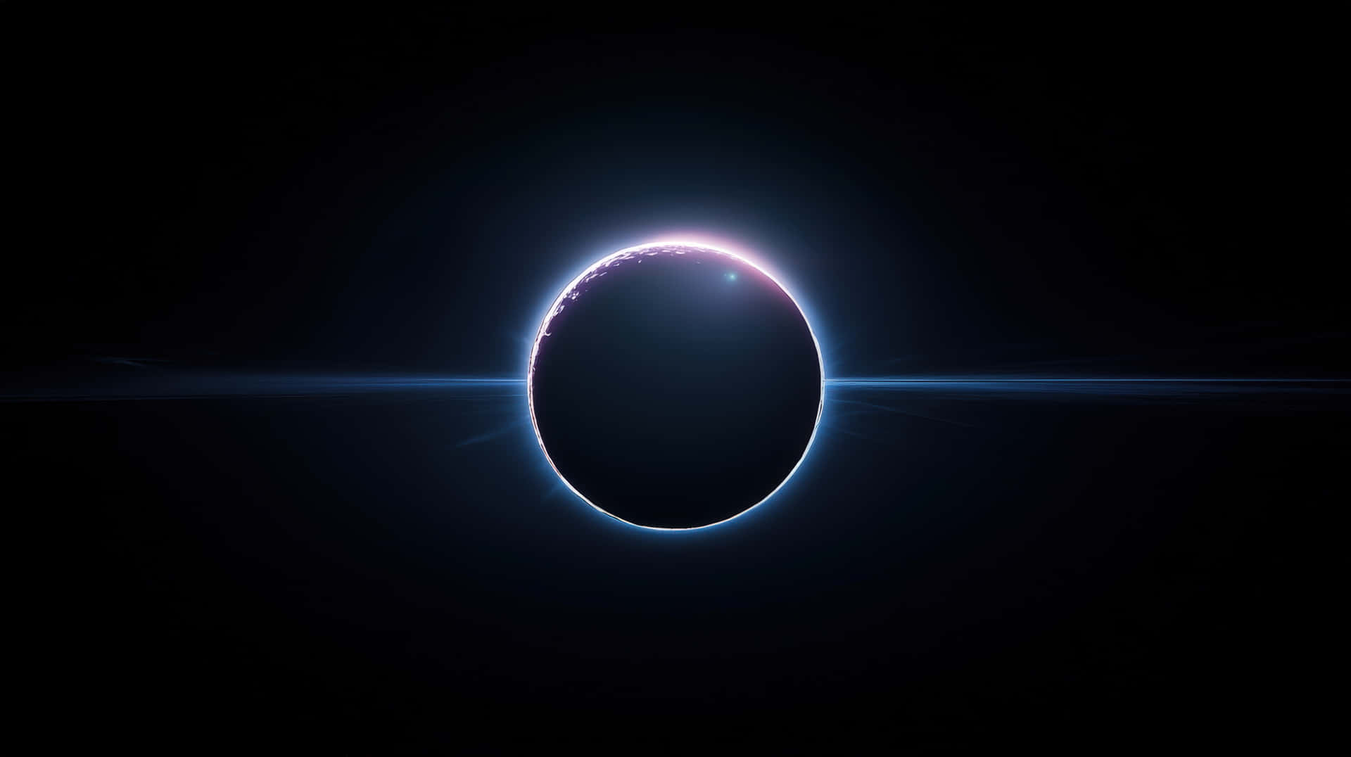 一顆行星被黑暗天體遮蔽，帶有發光的藍色日冕和太空中的水平光條。