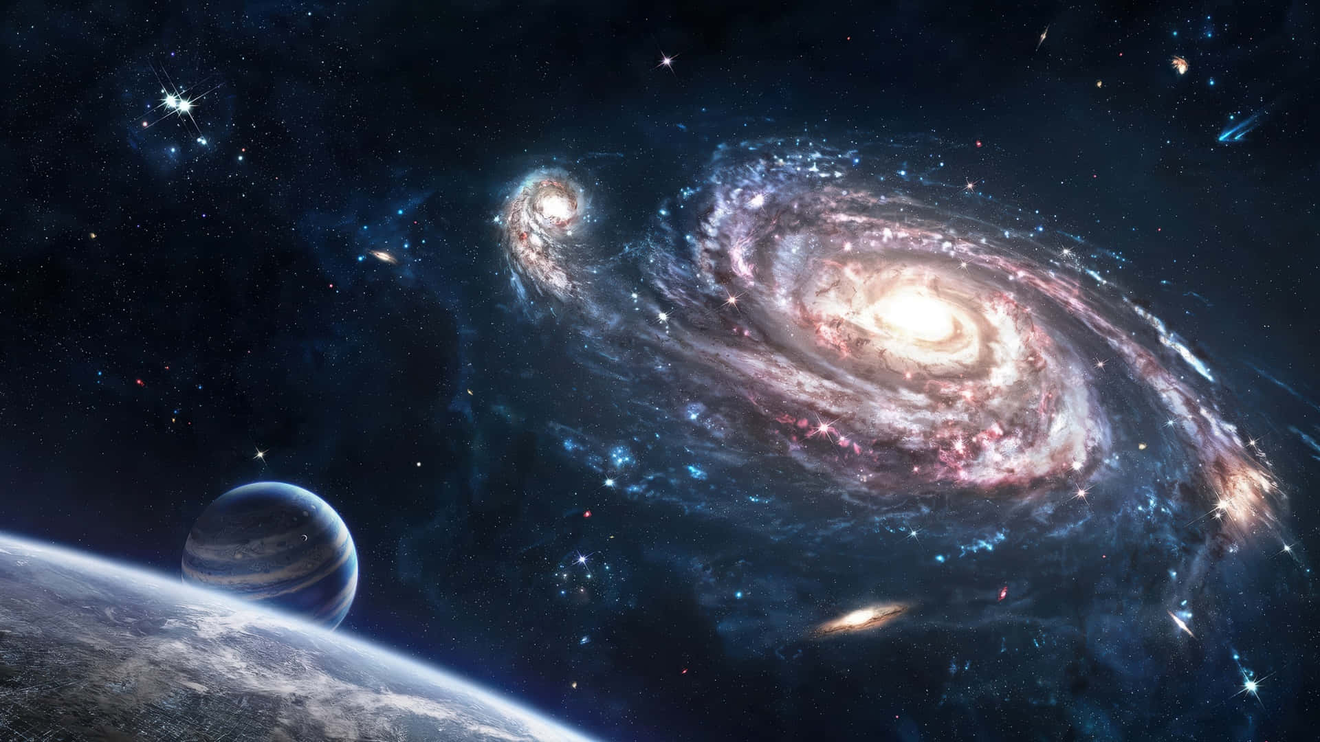  壁紙 — 一個令人嘆為觀止的螺旋星系景象，散發著粉紅色和藍色色調，背景是繁星點點的宇宙，前景有行星。