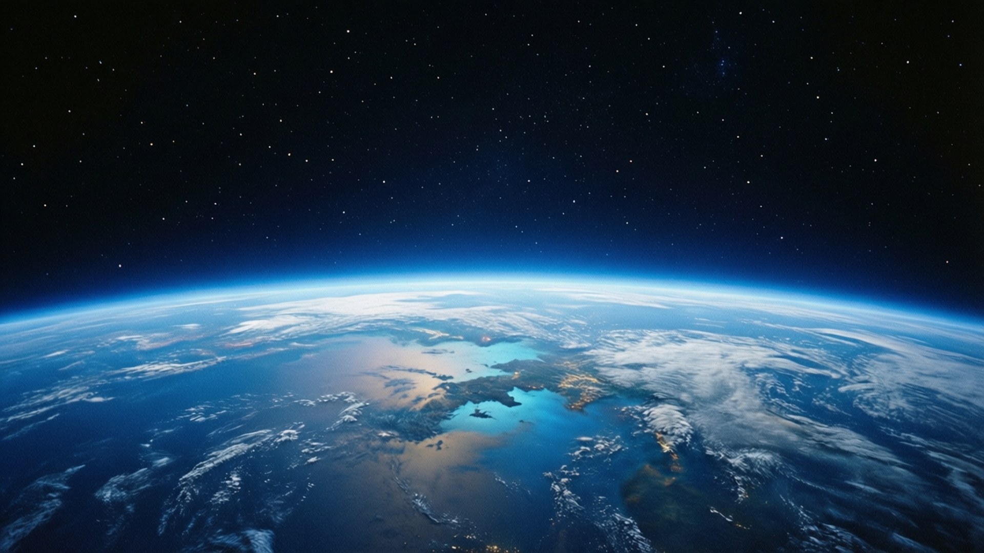 從太空觀看的地球，在星空下閃耀著城市、海洋和雲層。