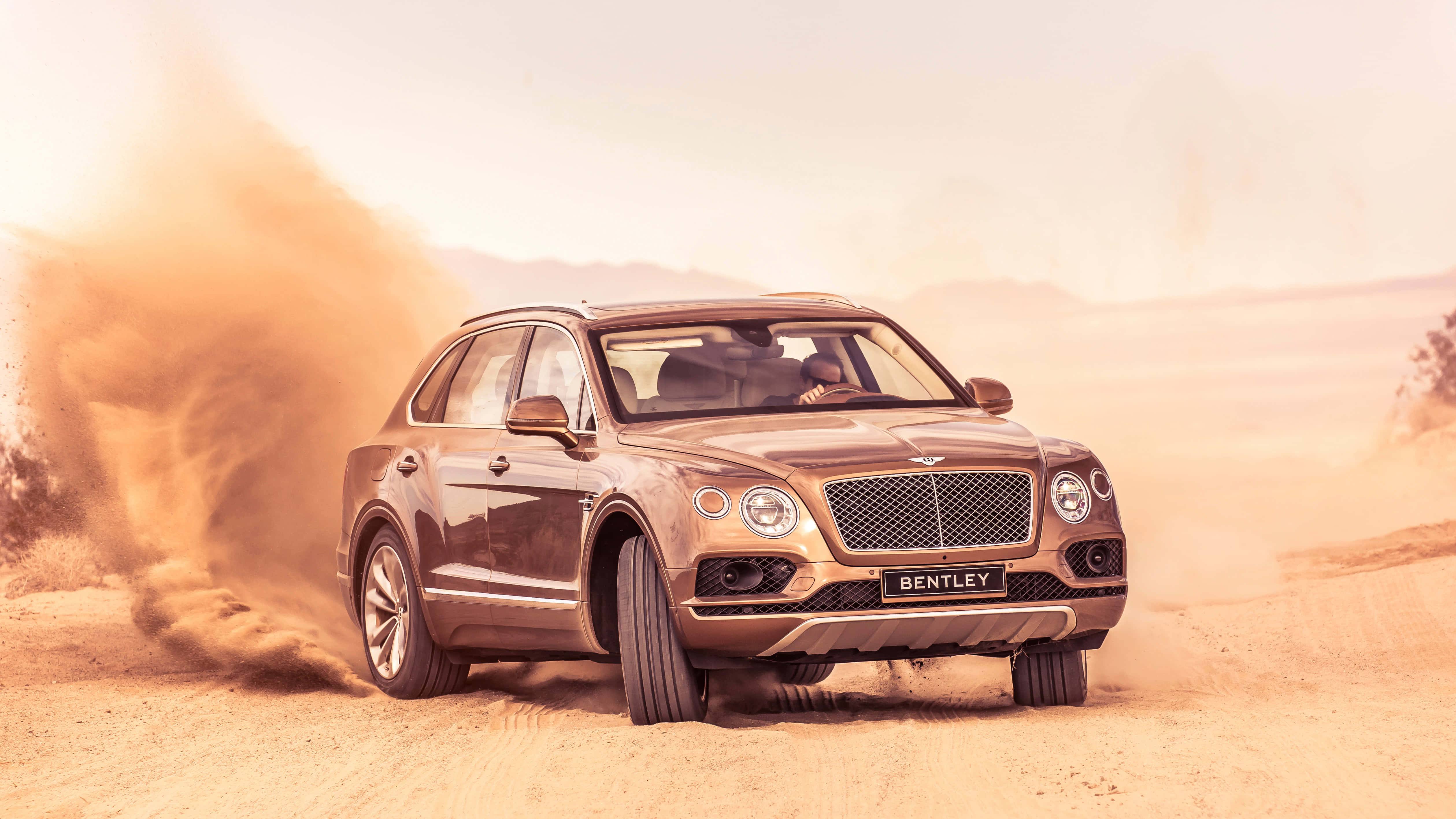 Bentley Bentayga 桌布 壁紙 — 一輛青銅色的賓利SUV在陽光明媚的沙漠景觀中疾馳，揚起沙塵。