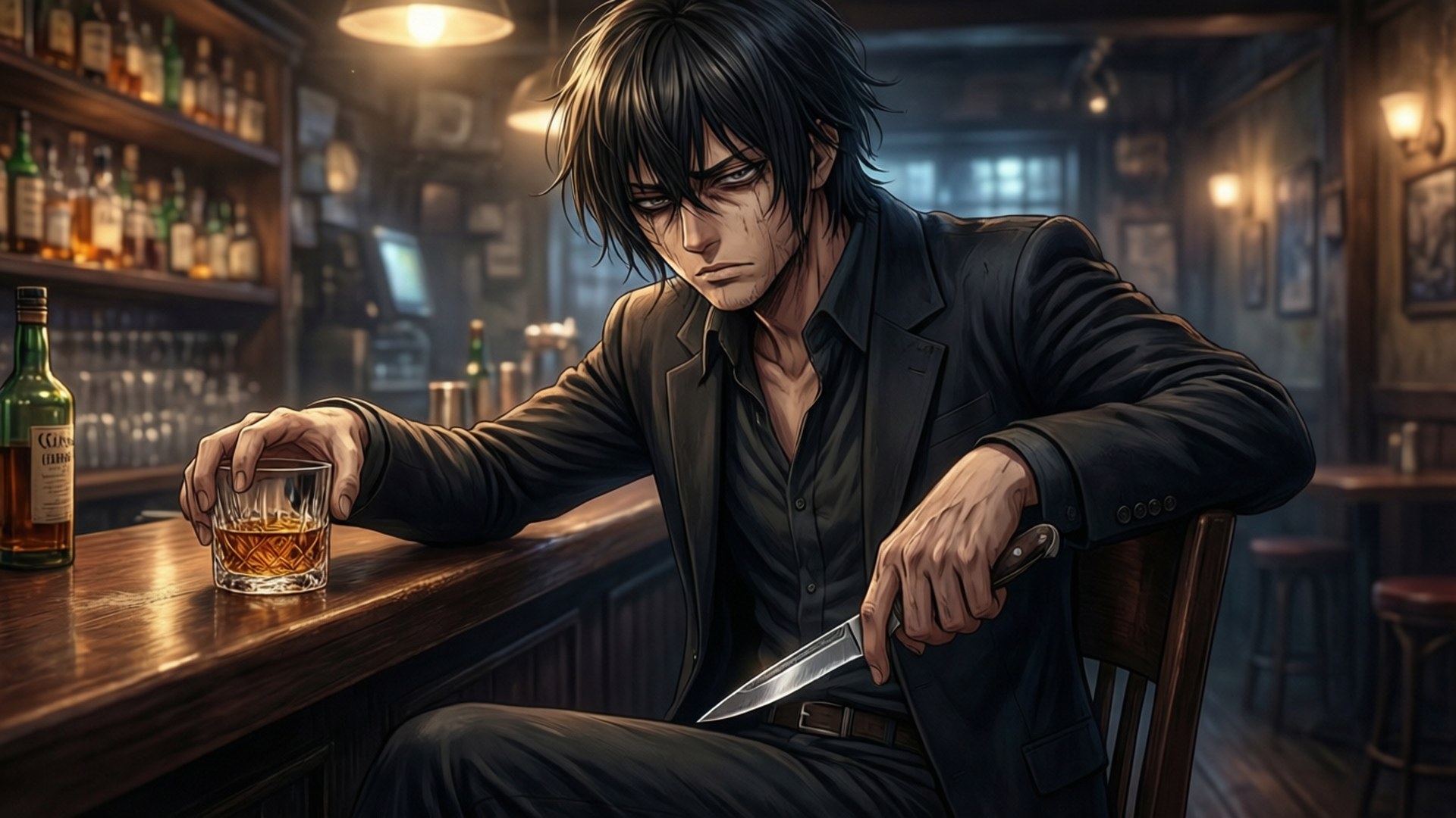 一個穿著深色西裝的動漫男人坐在酒吧裡，手持刀和威士忌杯。
