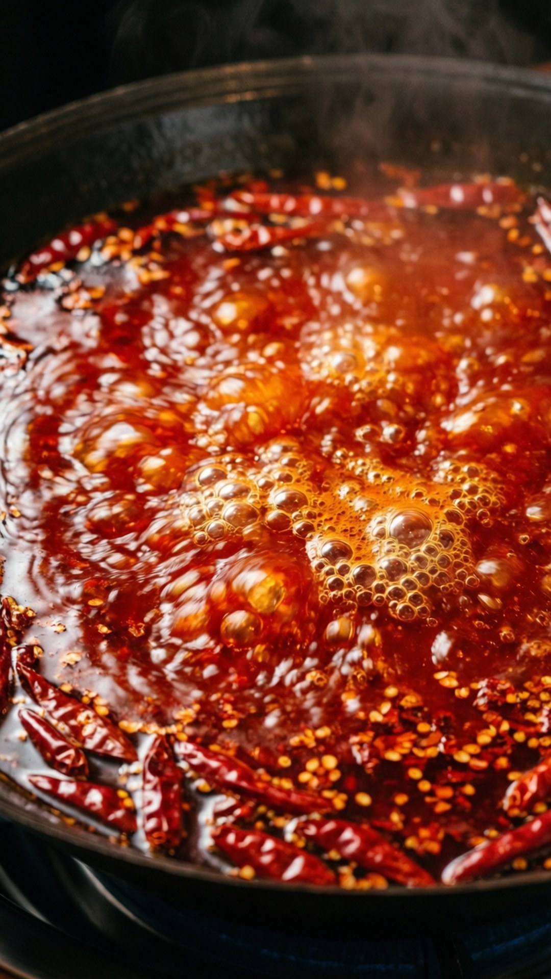 Spicy Shabu-Shabu Broth 壁紙 — 一鍋濃郁的紅色辣椒油，裡面有整條乾辣椒和種子，正在劇烈沸騰。